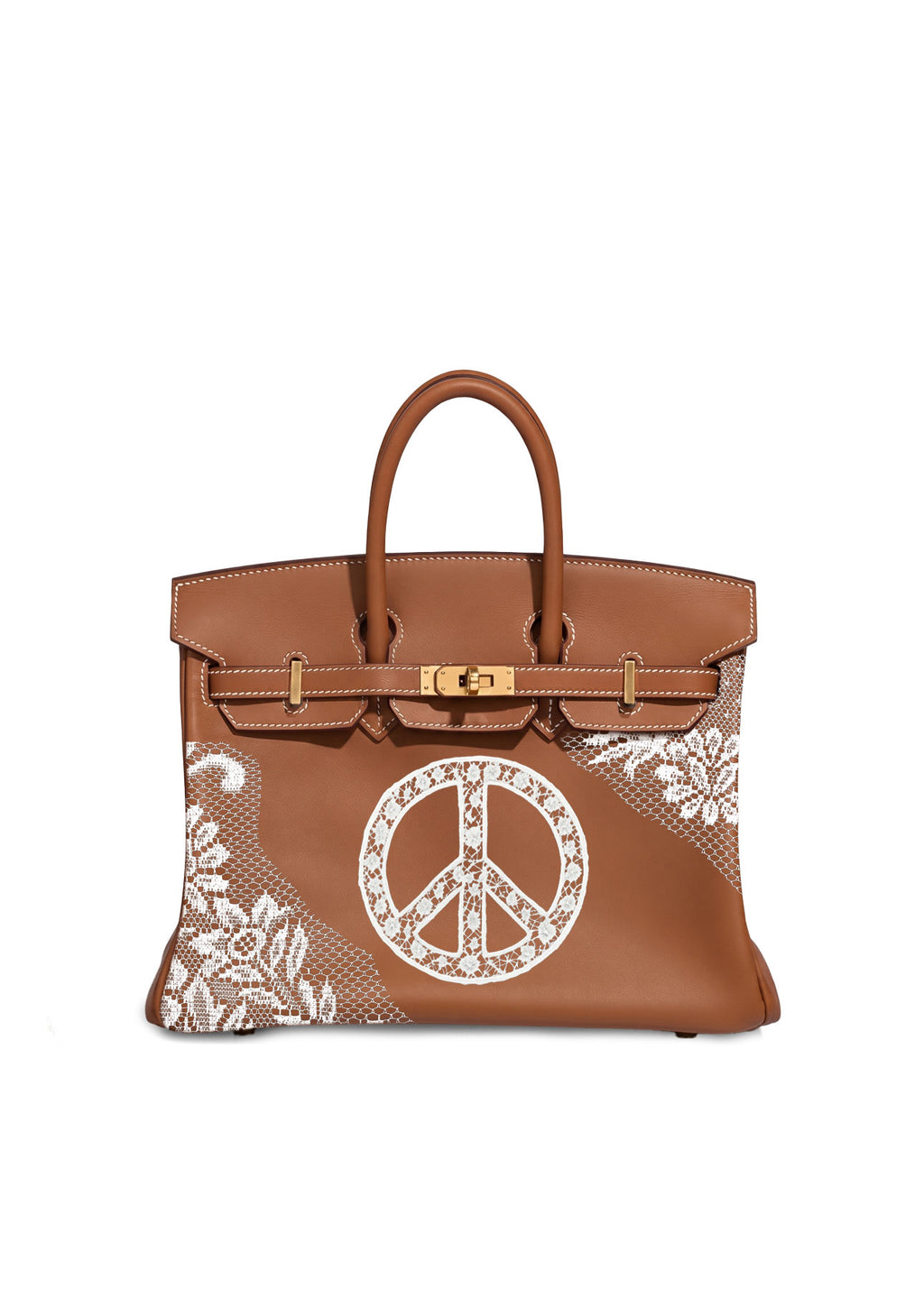 A brown leather handbag with gold-tone hardware, featuring a large white peace sign motif and white floral lace-like patterns on the front, set against a plain white background.