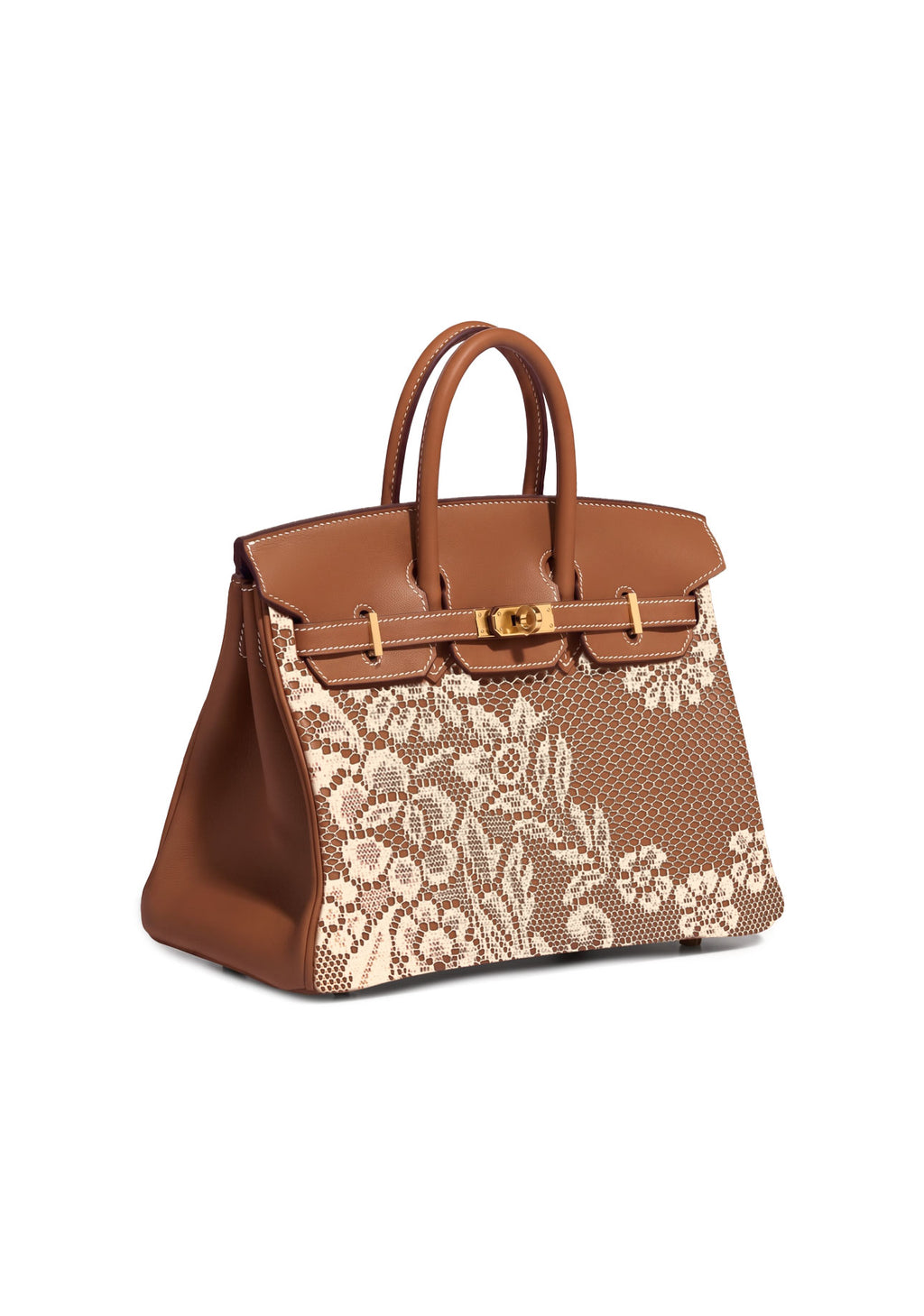 A structured brown leather handbag with an off-white floral lace overlay on the front, featuring gold-tone hardware and dual top handles, shown against a plain white background.