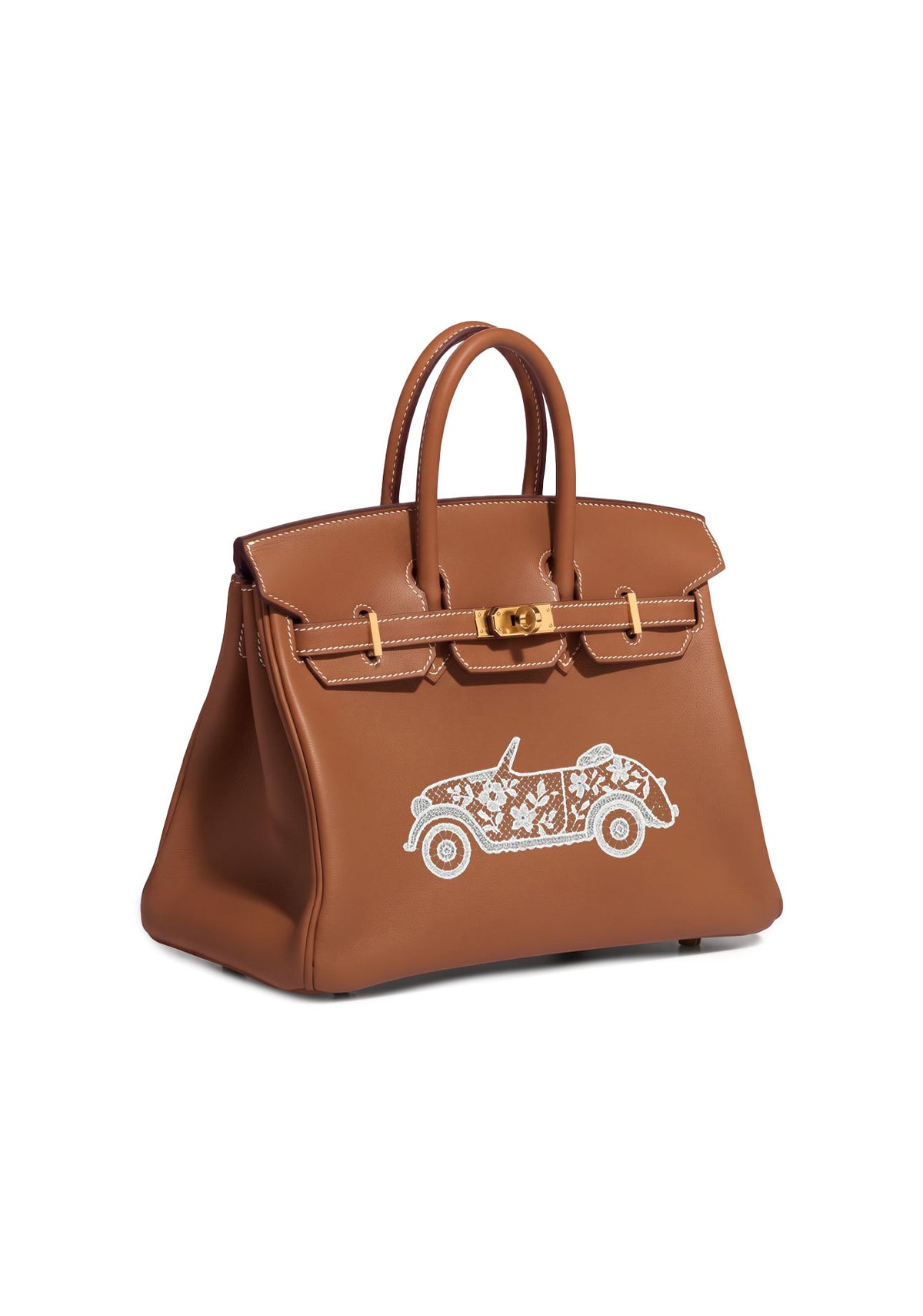 A brown leather handbag with gold-tone hardware and a white and light blue embroidered vintage car motif on the front, shown against a plain white background.