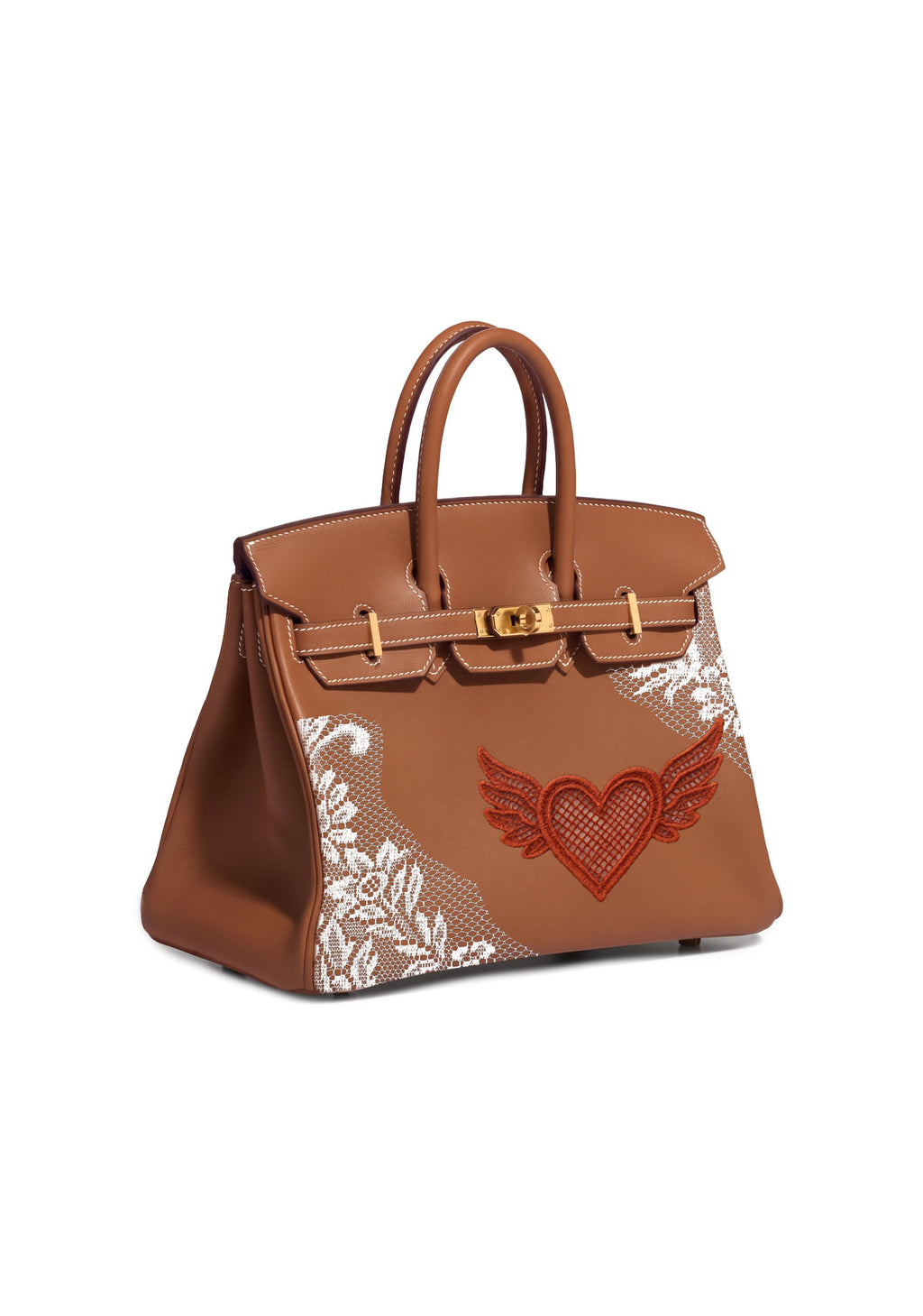 A brown leather handbag with gold-tone hardware, featuring a red embroidered winged heart on the front and white lace applique on the sides, shown against a plain white background.