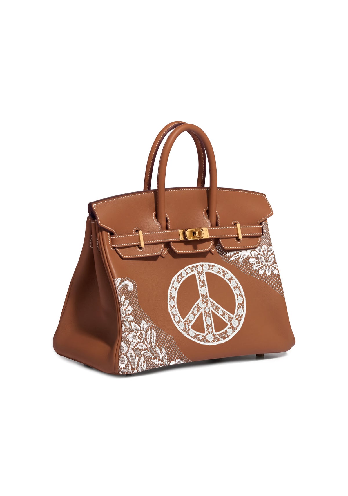 A brown leather handbag with gold-tone hardware, featuring a large white peace sign motif and white floral lace-like print on the front, set against a plain white background