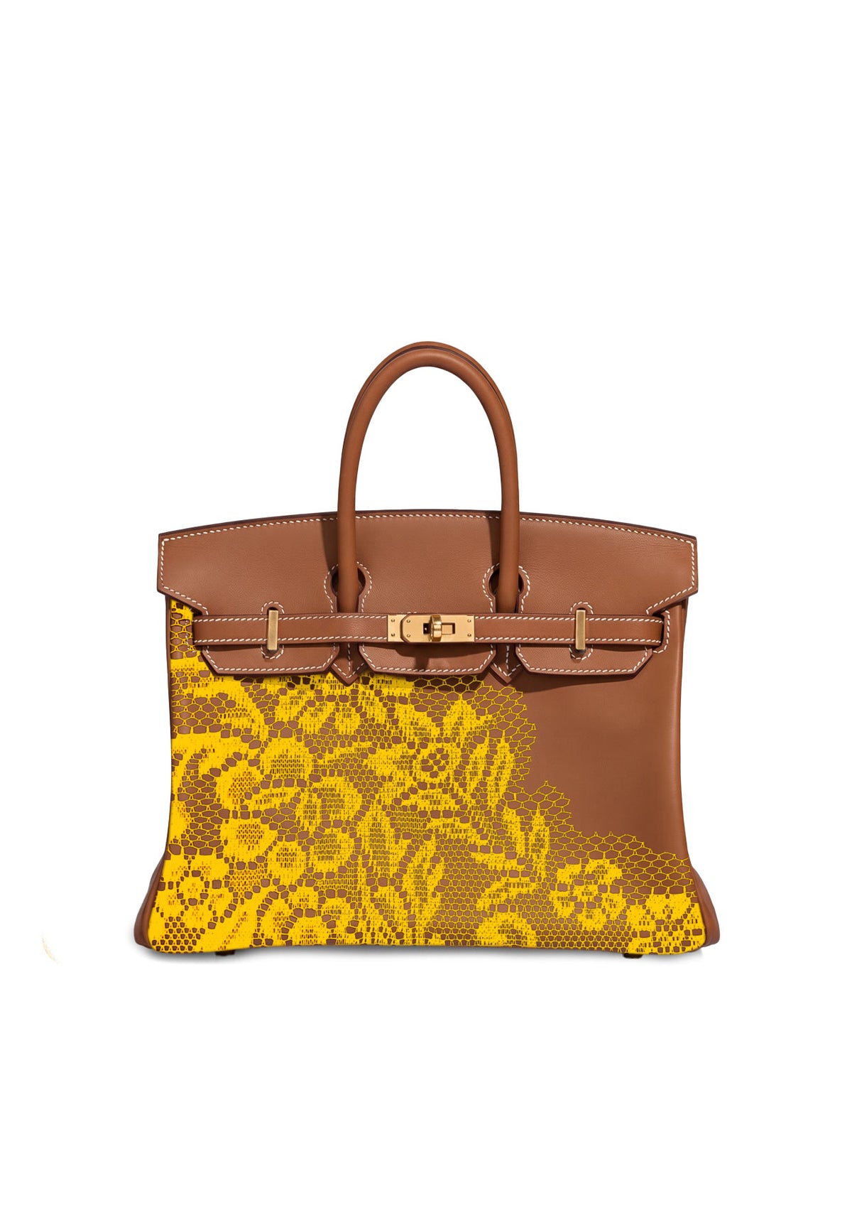 A structured brown leather handbag with a bright yellow floral print patterned lower panel and gold-tone hardware, photographed against a plain white background.