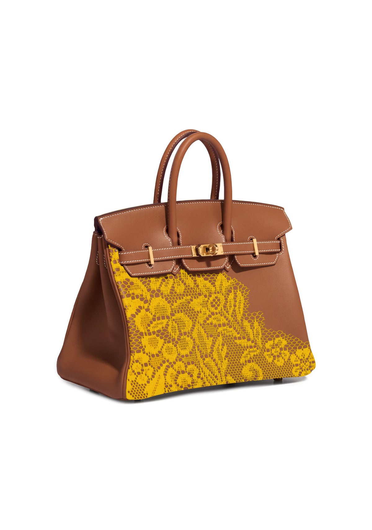 A structured brown leather handbag with a bright yellow floral print patterned lower panel and gold-tone hardware, photographed against a plain white background.