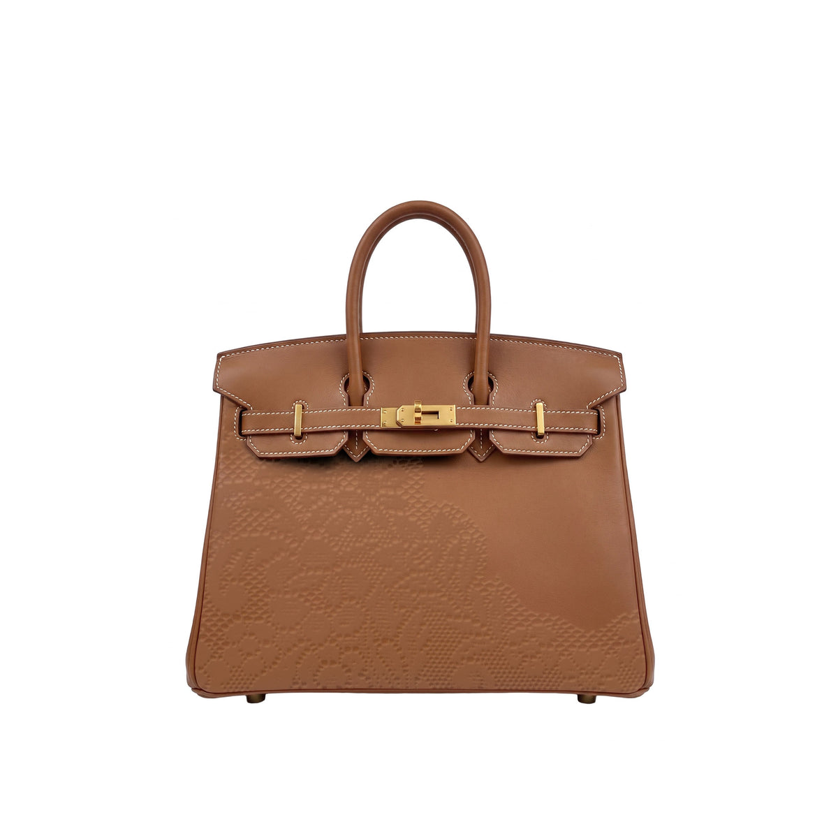 A brown leather handbag with an embossed floral pattern on the lower front and gold-tone hardware, shown against a plain white background.