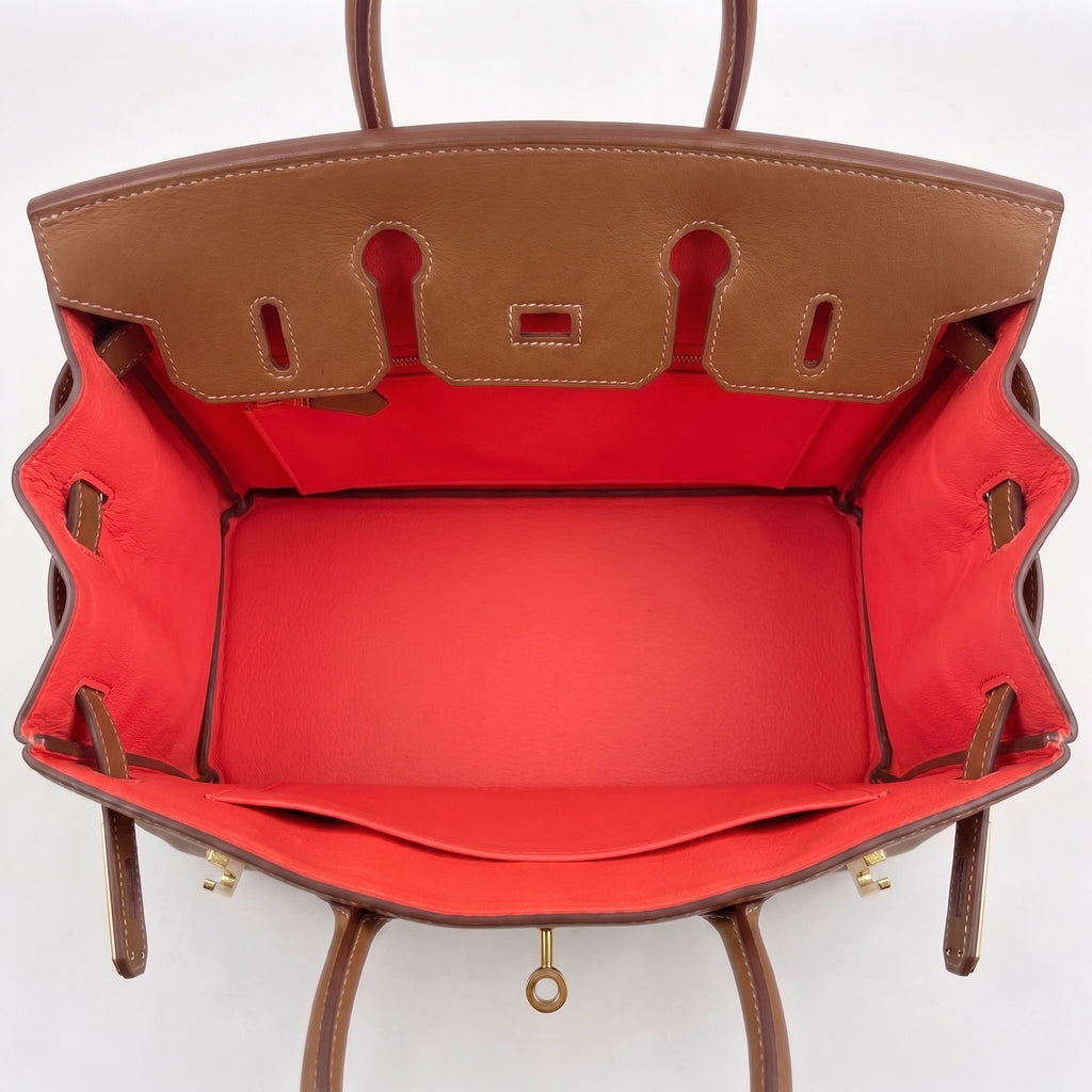 The interior of a structured leather handbag shown from above, featuring a warm brown leather exterior trim and a vibrant coral leather lining.