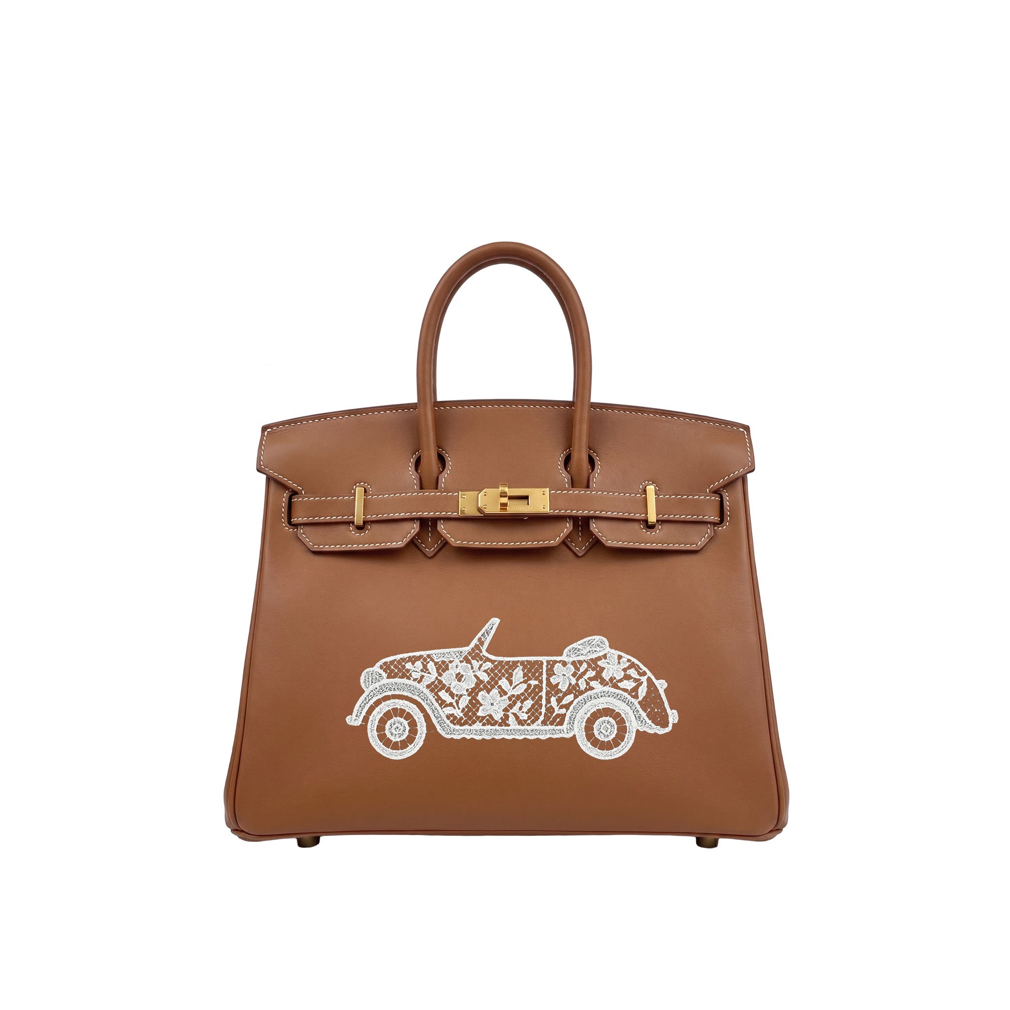 A brown leather handbag with gold-tone hardware and a white embroidered vintage car motif on the front, shown against a plain white background.