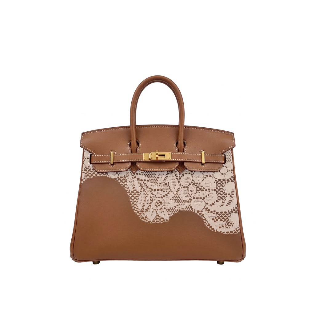A structured brown leather handbag with a large cream lace panel on the front, gold-tone hardware, and dual top handles, shown against a plain white background.
