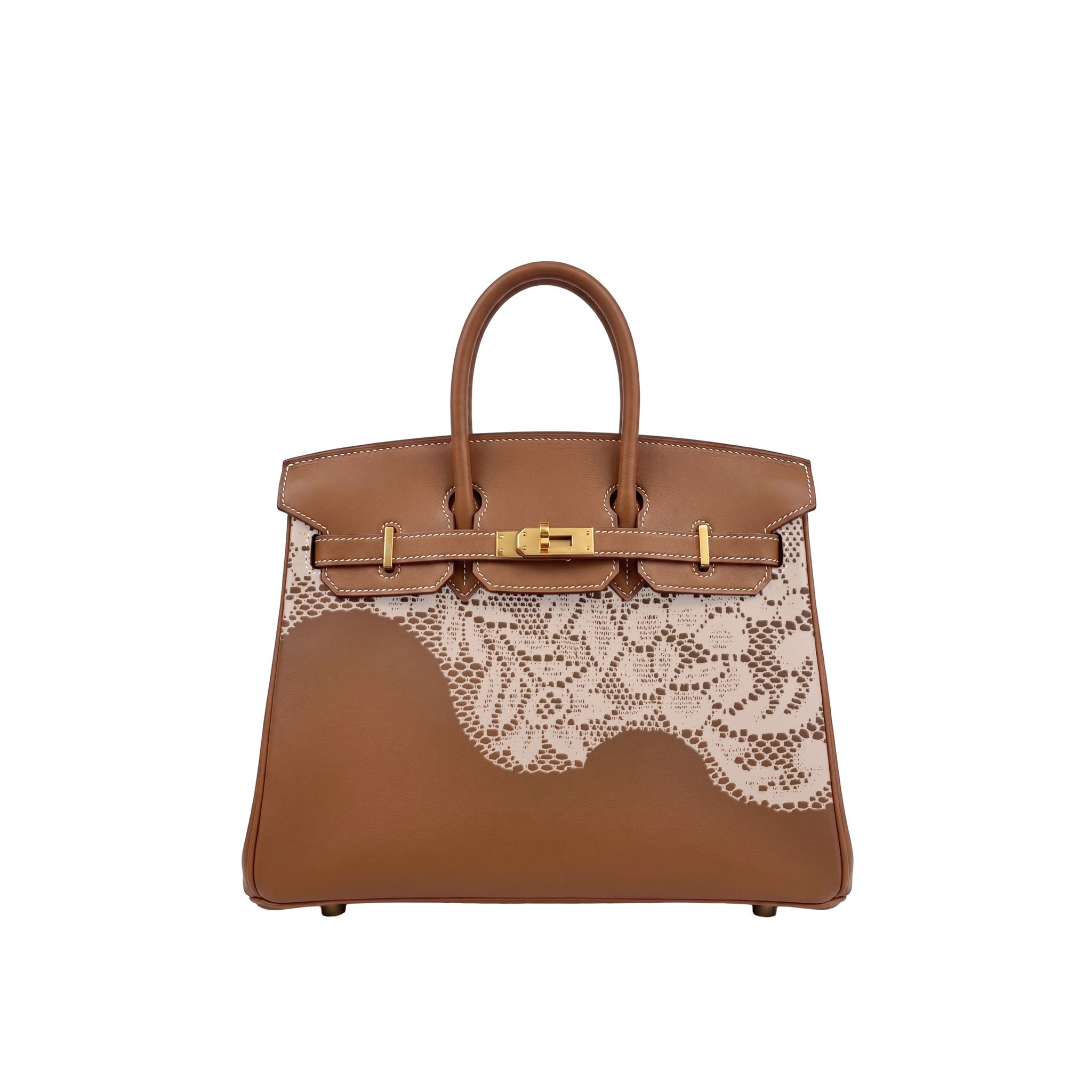 A structured brown leather handbag with a large cream lace panel on the front, gold-tone hardware, and dual top handles, shown against a plain white background.