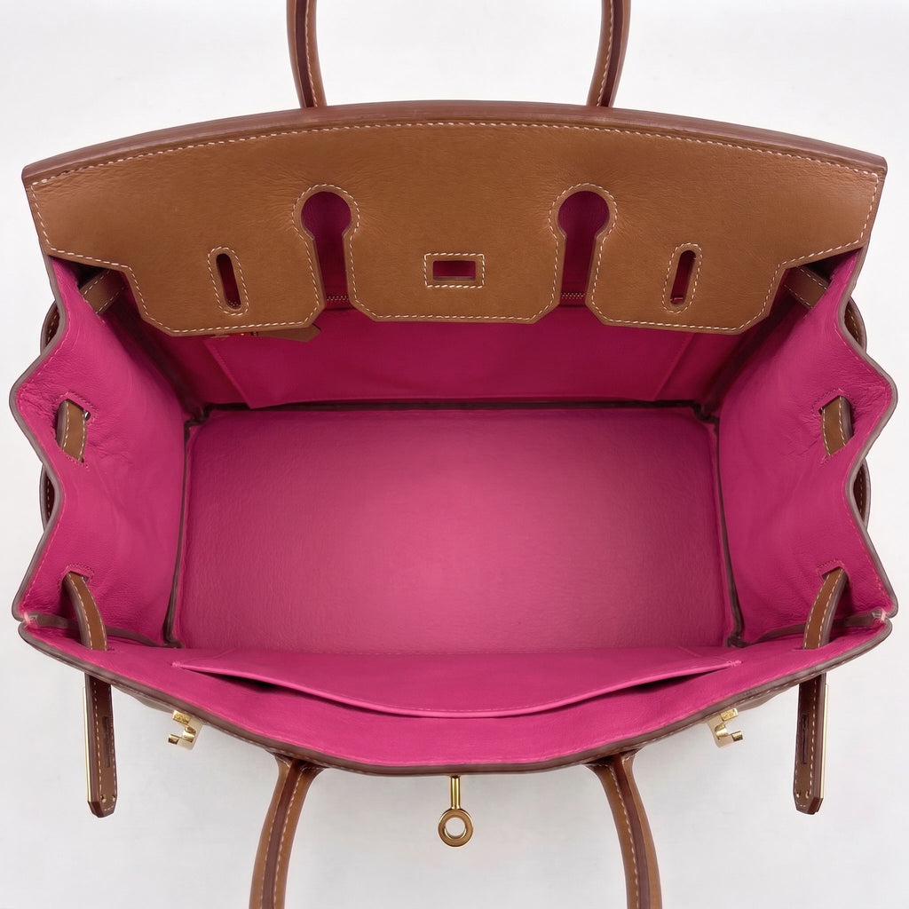 A luxury handbag shown from a top-down view, featuring a tan leather exterior with gold-tone hardware and a vibrant magenta pink interior lining.
