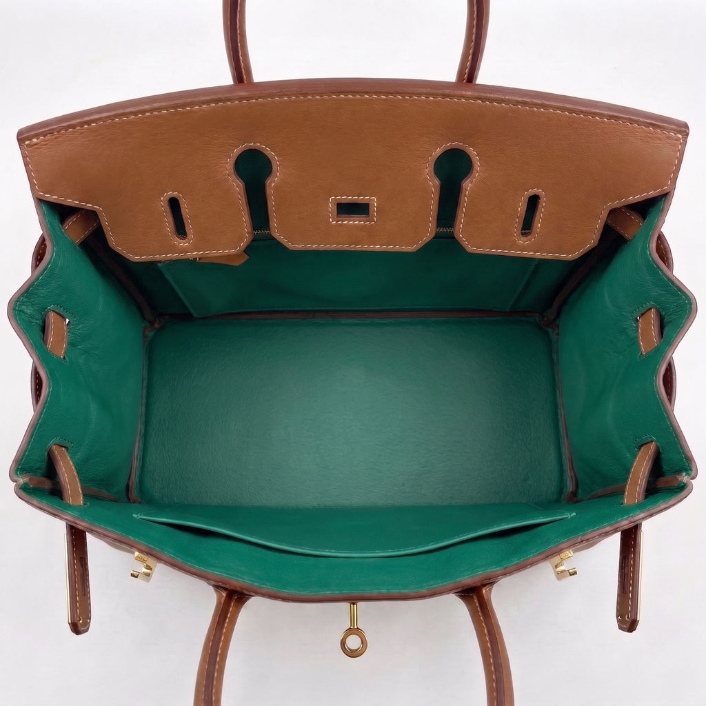 A top-down view of a structured leather handbag showing a tan exterior and a contrasting green interior lining, with gold-tone hardware visible.