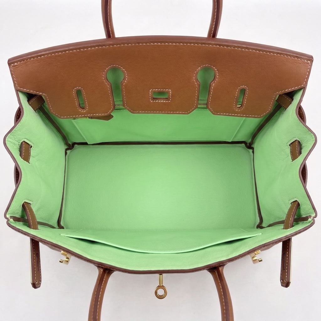 A top-down view of a structured handbag showing its brown leather exterior and a bright mint green interior lining.