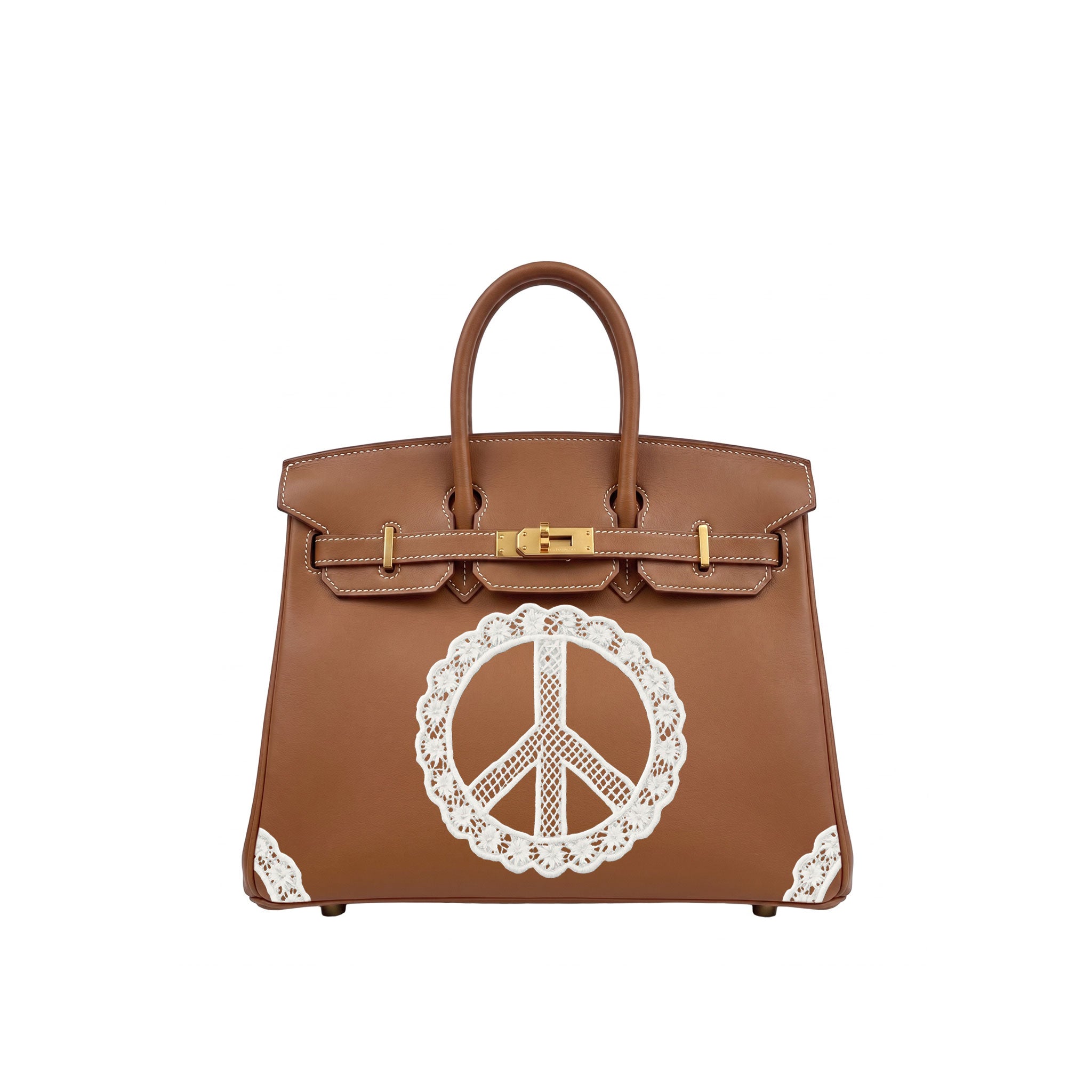 A brown leather handbag with gold-tone hardware and a large white lace peace sign applique on the front, shown against a plain white background.