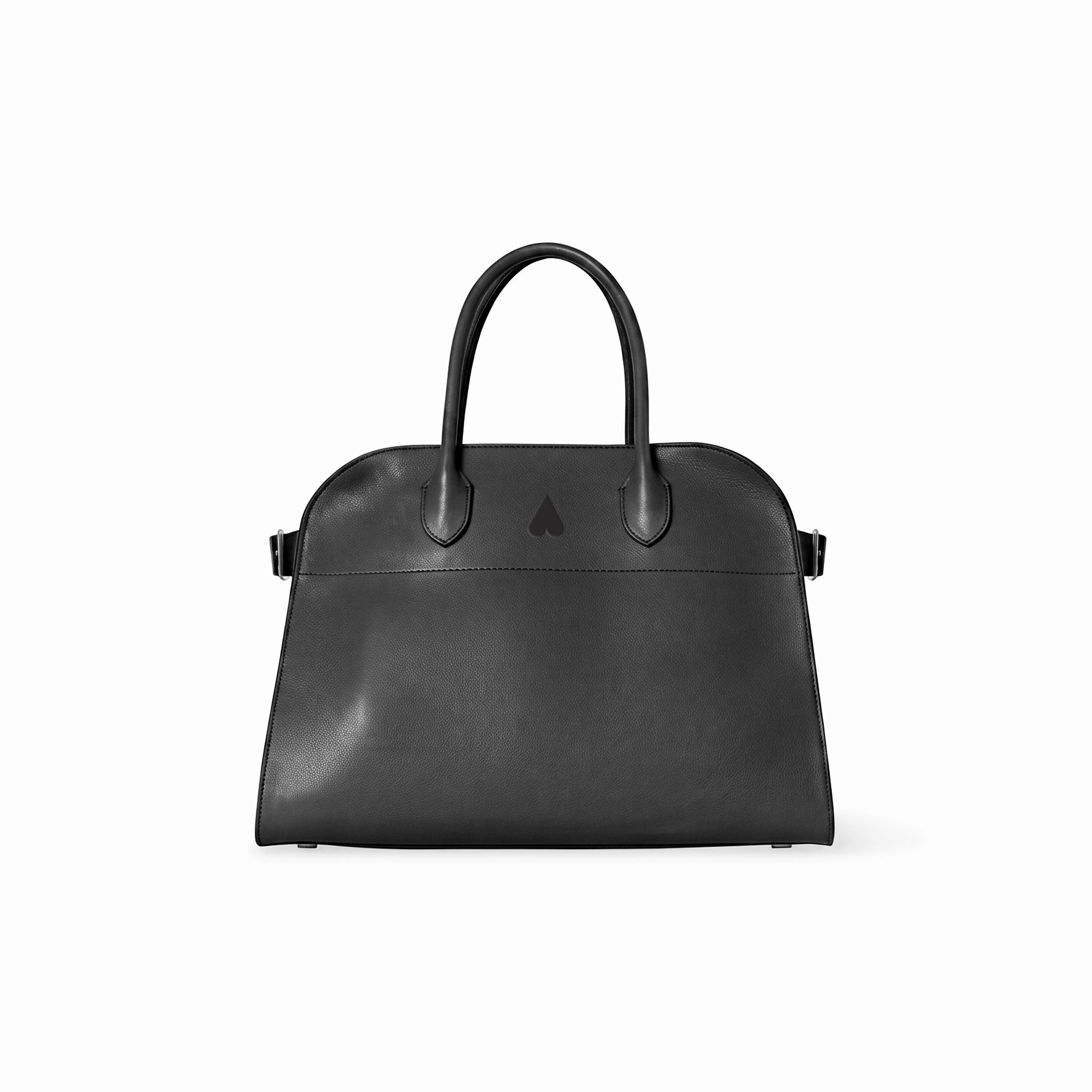 A black leather handbag with double top handles and a small tonal geometric logo on the front, photographed against a clean white background.