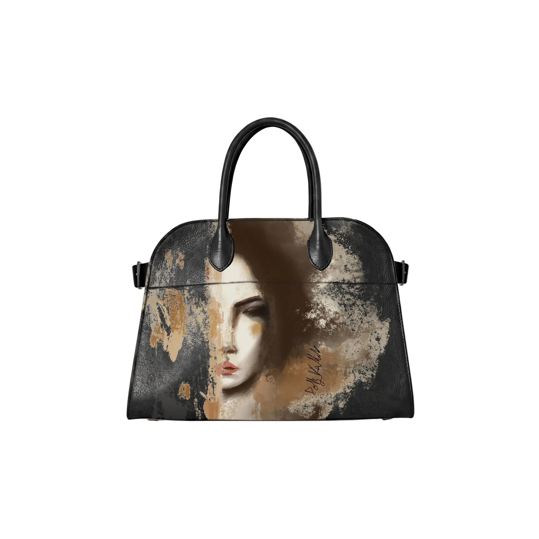 A structured black handbag with a curved dome shape, featuring a printed artistic portrait of a woman's face in muted beige, brown, and gray tones on the front. The bag has black double top handles and is photographed against a clean, off-white background.