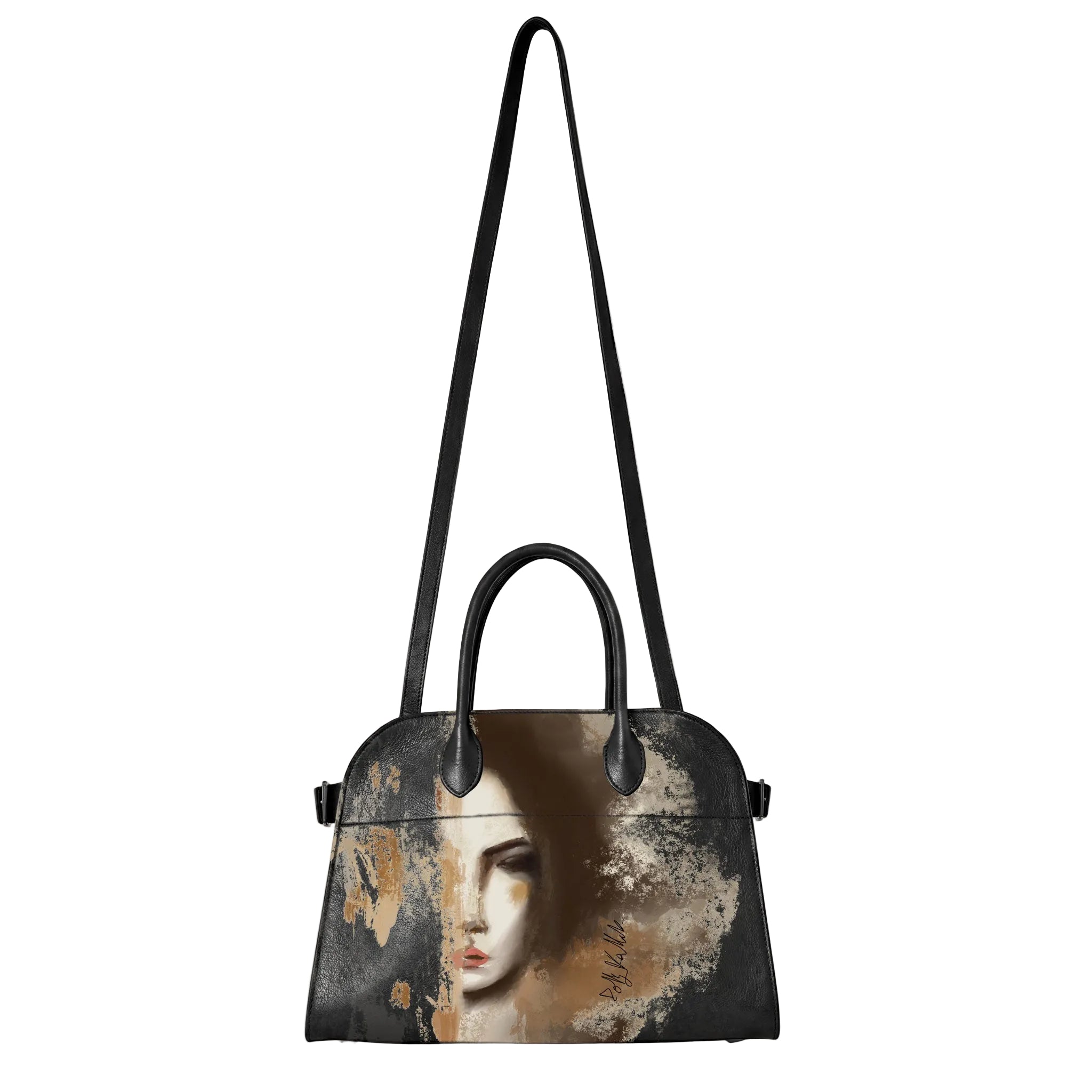 A structured black leather handbag with a long shoulder strap, featuring a printed artistic portrait of a woman's face in muted beige, brown, and gray tones on the front.