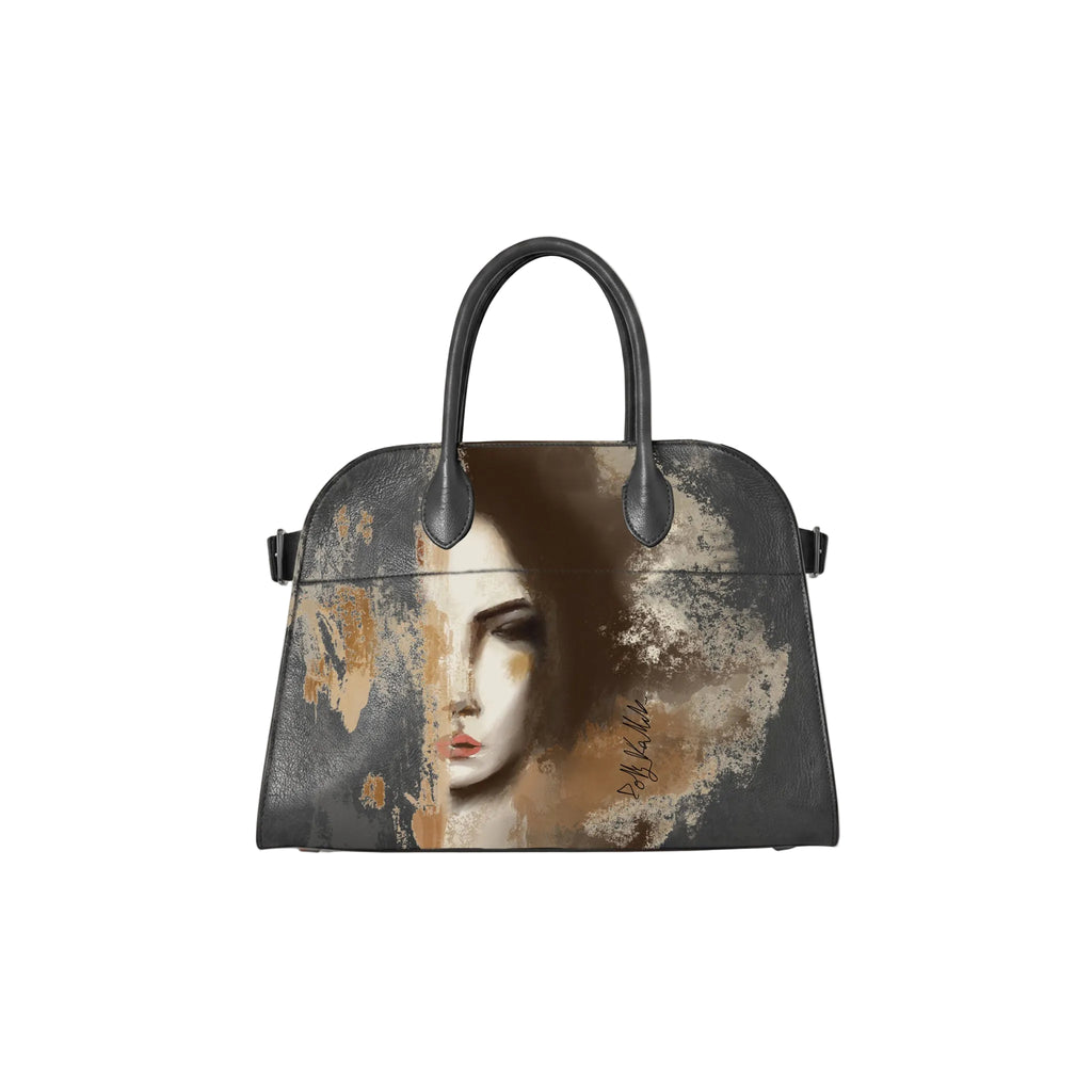 A structured grey leather handbag with a unique artistic print featuring a stylized woman's face in sepia tones over a textured, distressed background. The bag has two grey top handles and is shown against a plain white background.