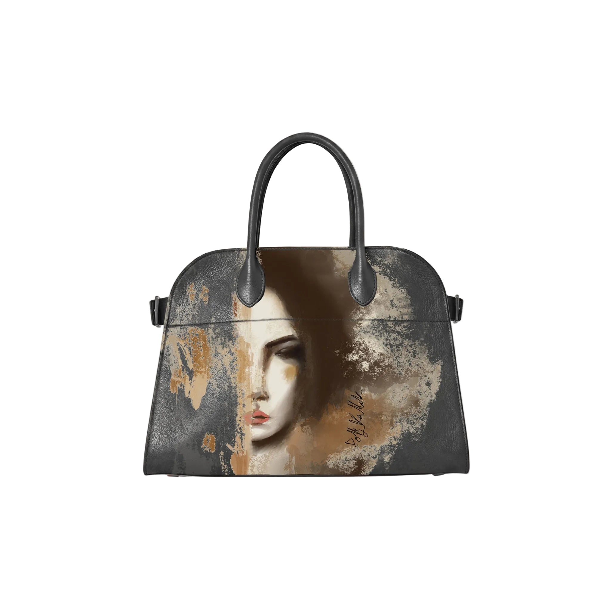 A structured grey leather handbag with a unique artistic print featuring a stylized woman's face in sepia tones over a textured, distressed background. The bag has two grey top handles and is shown against a plain white background.