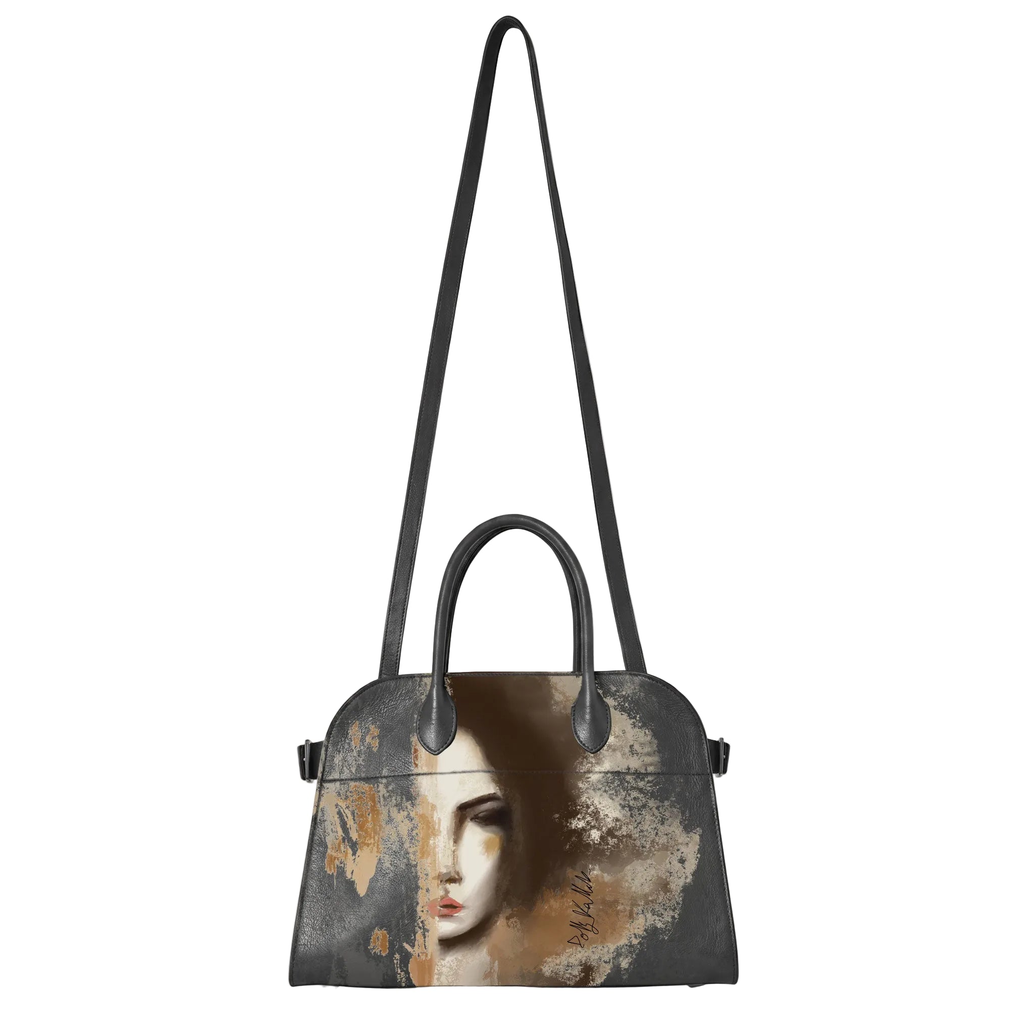 A structured grey leather handbag with a long shoulder strap and top handles, featuring a distressed artistic print of a woman's face in muted brown, beige, and gray tones on the front.