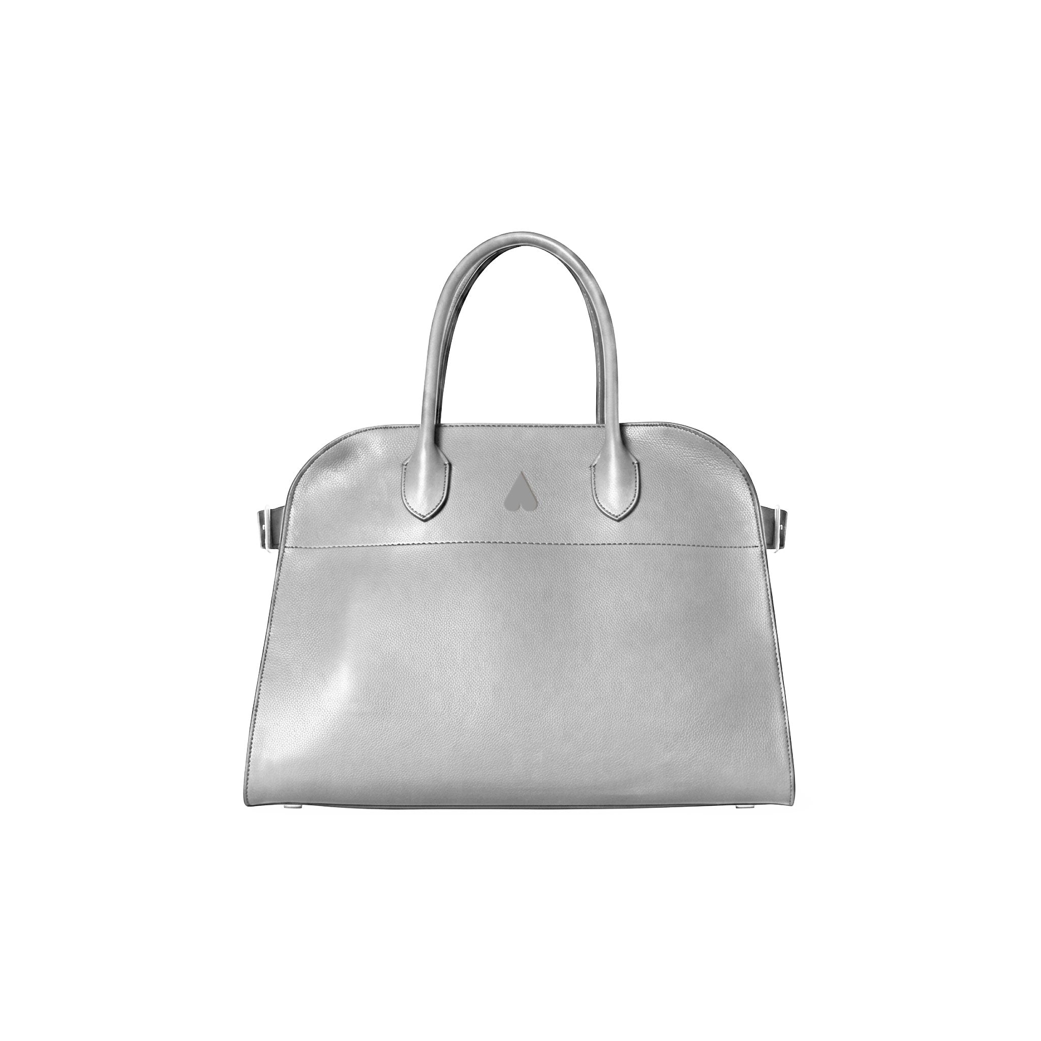 A metallic silver handbag with double top handles and a small triangular logo plaque on the front, shown against a plain white background.