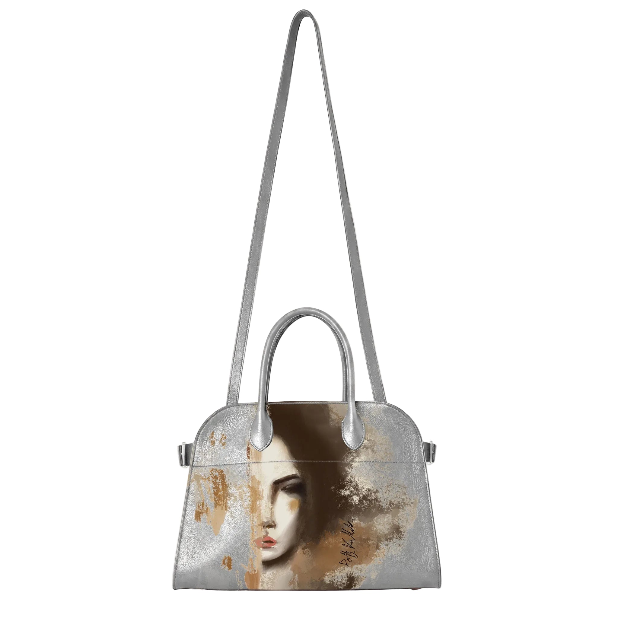 A structured silver handbag with a long shoulder strap and top handles, featuring a printed portrait of a woman on the front with a distressed, textured finish in brown, beige, and black tones.