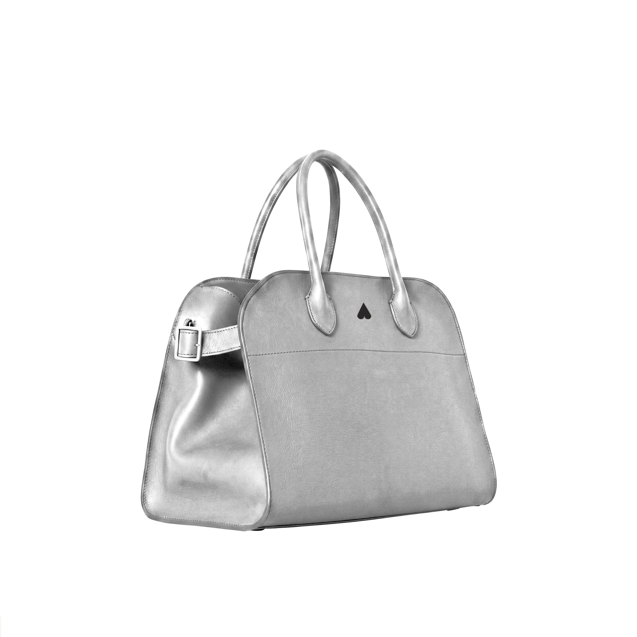 A metallic silver leather handbag with double top handles, a structured dome shape, and a small black triangular logo on the front, shown against a plain white background.