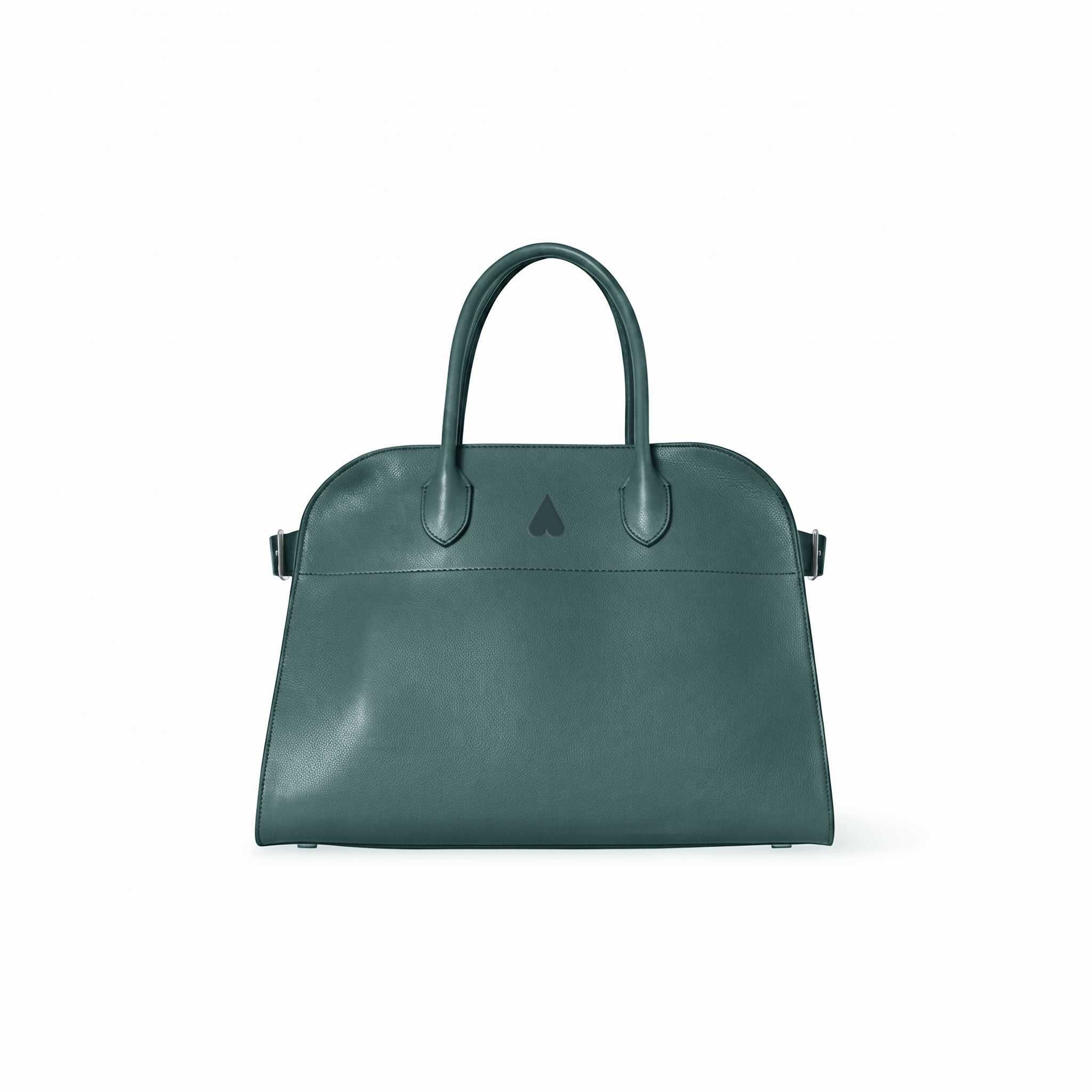 A black leather handbag with double top handles and a small tonal geometric logo on the front, photographed against a clean white background.