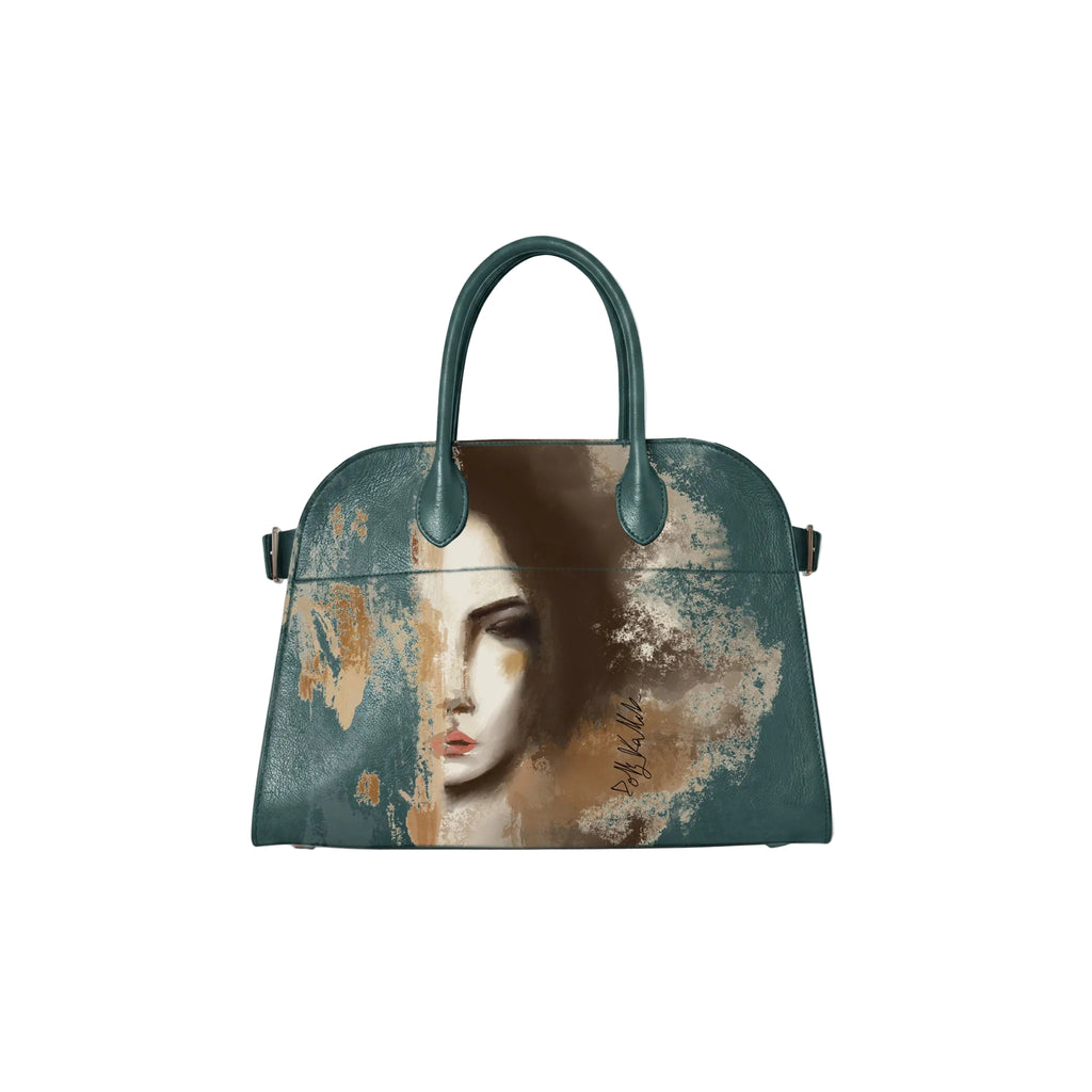 A structured dome-shaped handbag with dark teal handles and a textured, artistic print of a woman's face in muted brown, beige, and teal tones, shown against a plain white background.