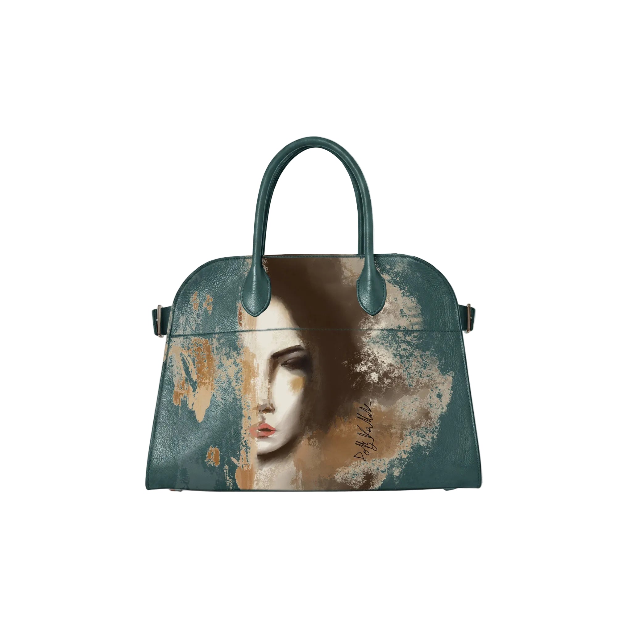 A structured dome-shaped handbag with dark teal handles and a textured, artistic print of a woman's face in muted brown, beige, and teal tones, shown against a plain white background.
