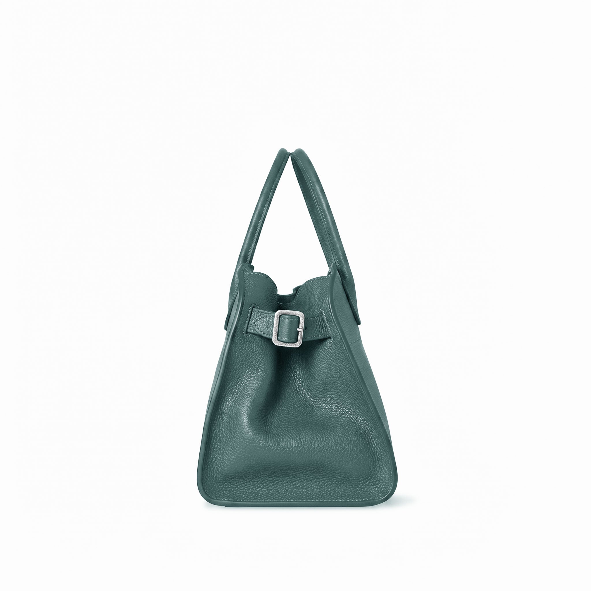 A dark teal green grained leather handbag with a structured slouchy silhouette, dual top handles, and a matching leather strap detail with a silver buckle on the front, shown against a plain white background.