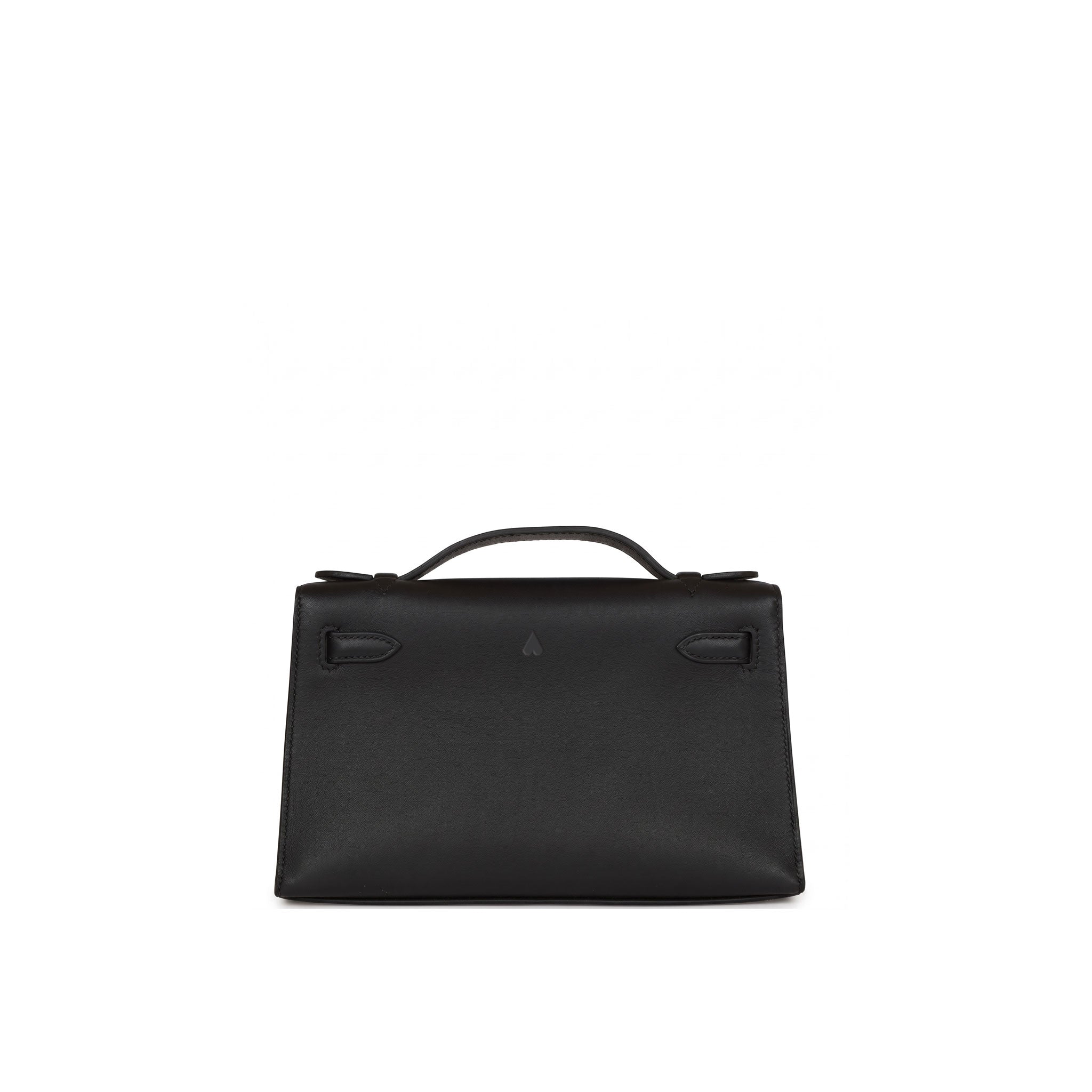 A black leather top-handle handbag with structured rectangular silhouette, displayed against a solid white background.