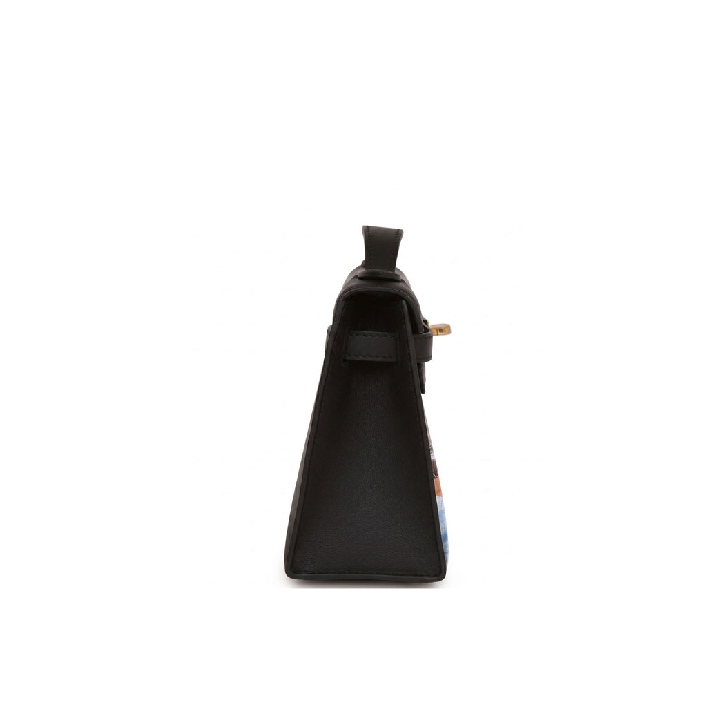 A black leather handbag shown from a side profile view against a plain white background.