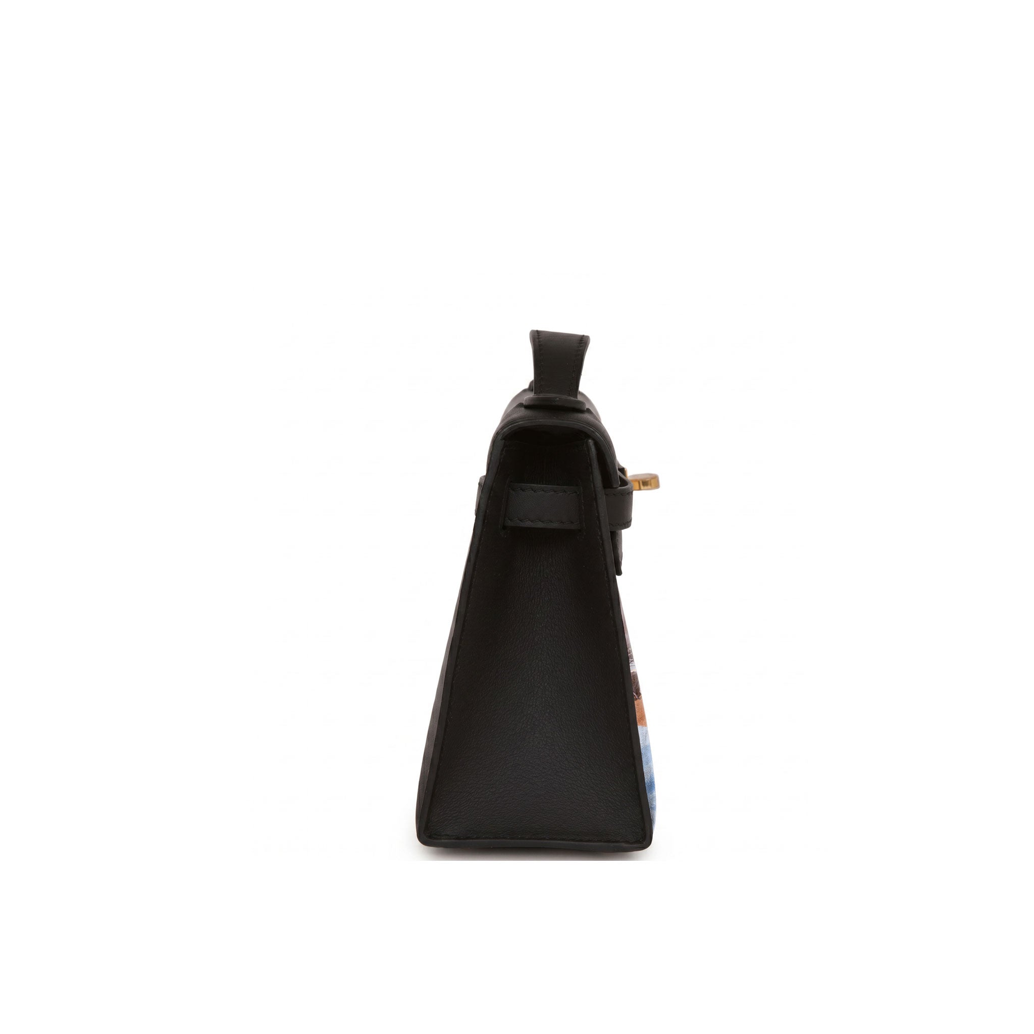 A black leather handbag shown from a side profile view against a plain white background.