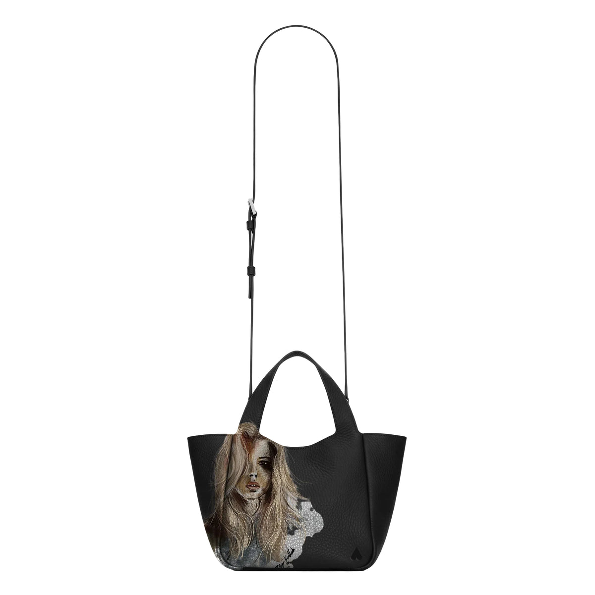 Eve Black Deerskin Leather Handbag is crafted from supple deerskin leather with a naturally grainy finish and distinguished by a gorgeous artistic front print with shoulder strap