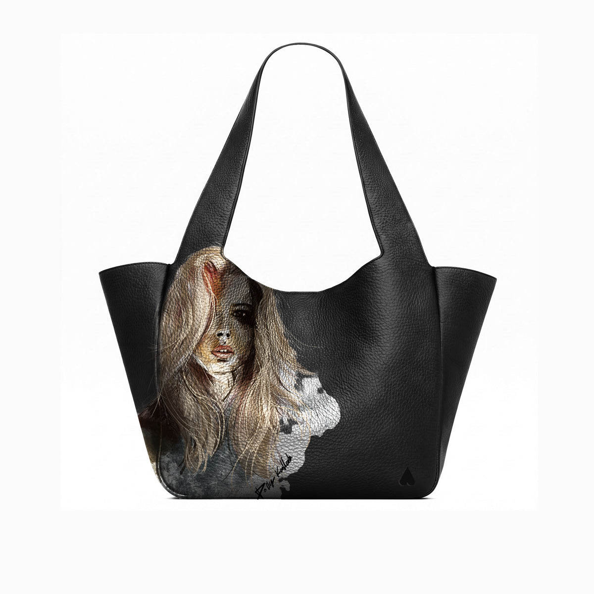 A black leather tote bag with a printed portrait of a woman on the lower front panel suede lining, shown on a white background.