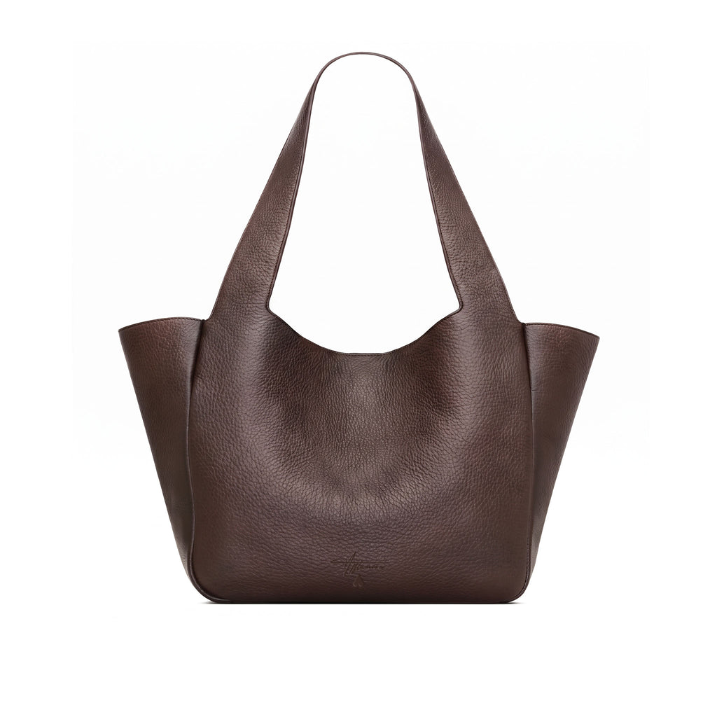 A dark brown full grained leather hobo tote bag with long shoulder straps, shown against a plain white background.