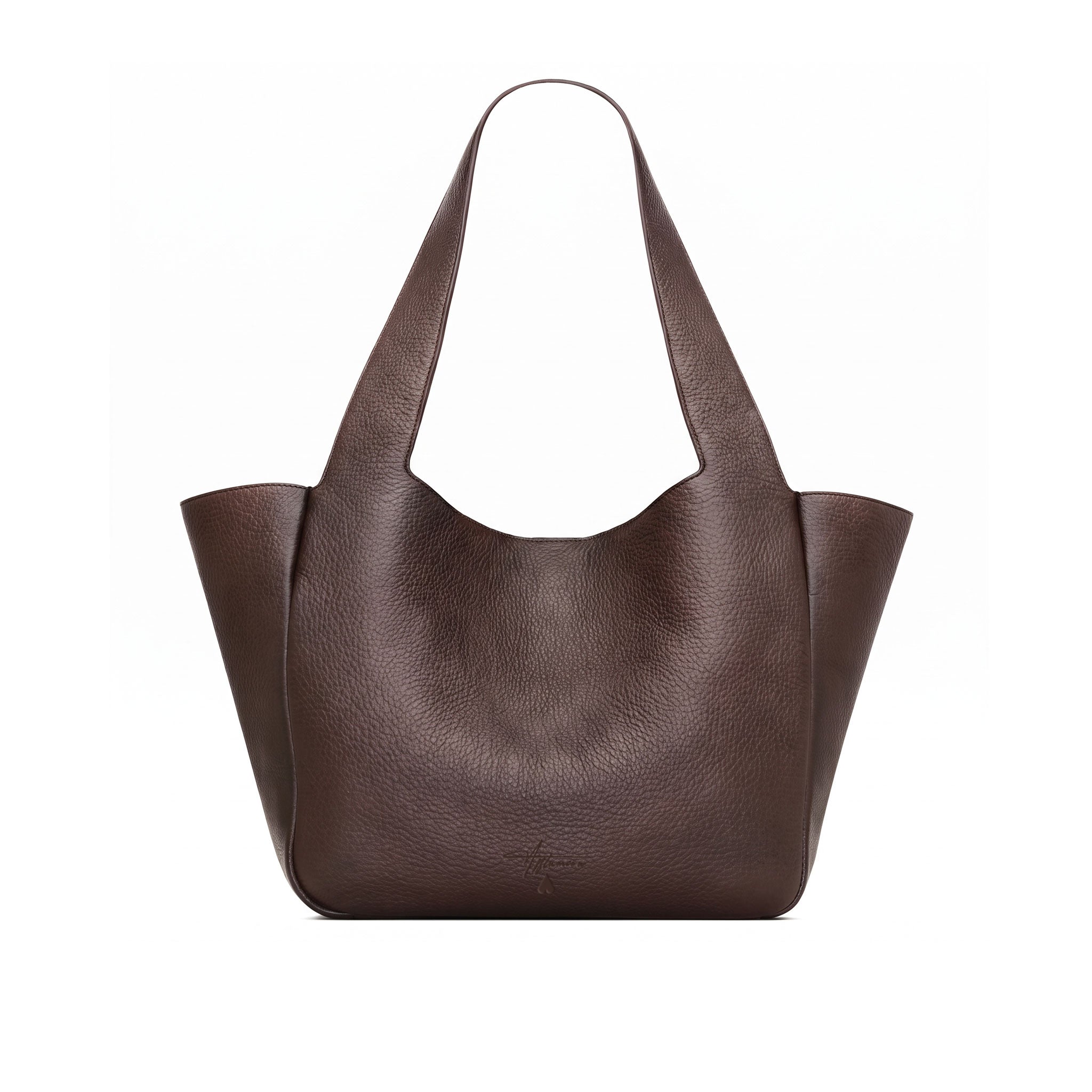 A dark brown full grained leather hobo tote bag with long shoulder straps, shown against a plain white background.