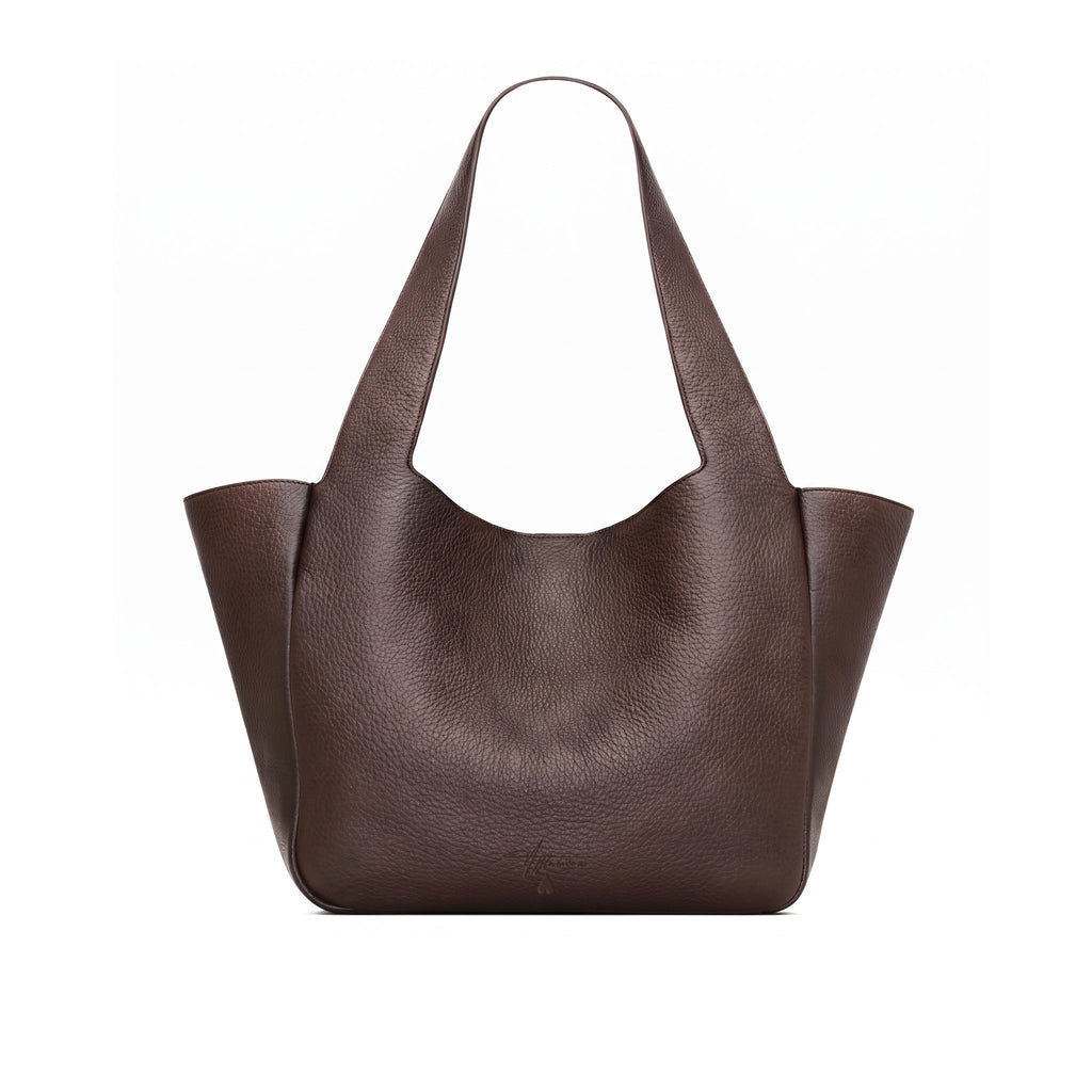 A dark brown full grained leather hobo tote bag with wide shoulder straps, shown against a plain white background.