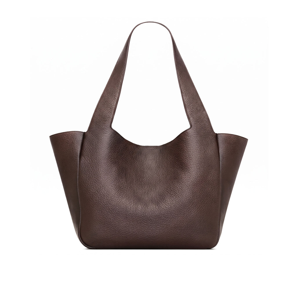 A dark brown full grained leather hobo tote bag with wide shoulder straps, shown against a plain white background.