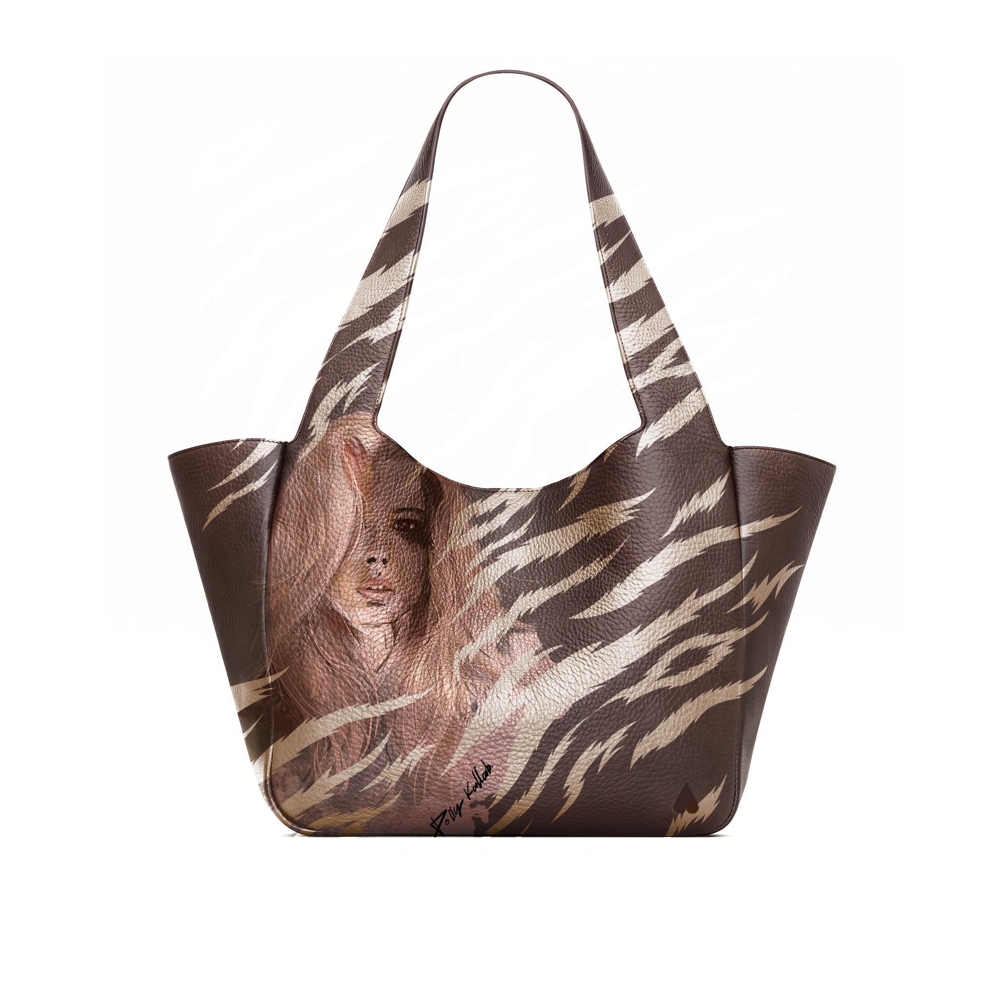 A brown full grained leather and gold zebra-print leather tote bag featuring a realistic portrait of a woman printed on the front, set against a plain white background.