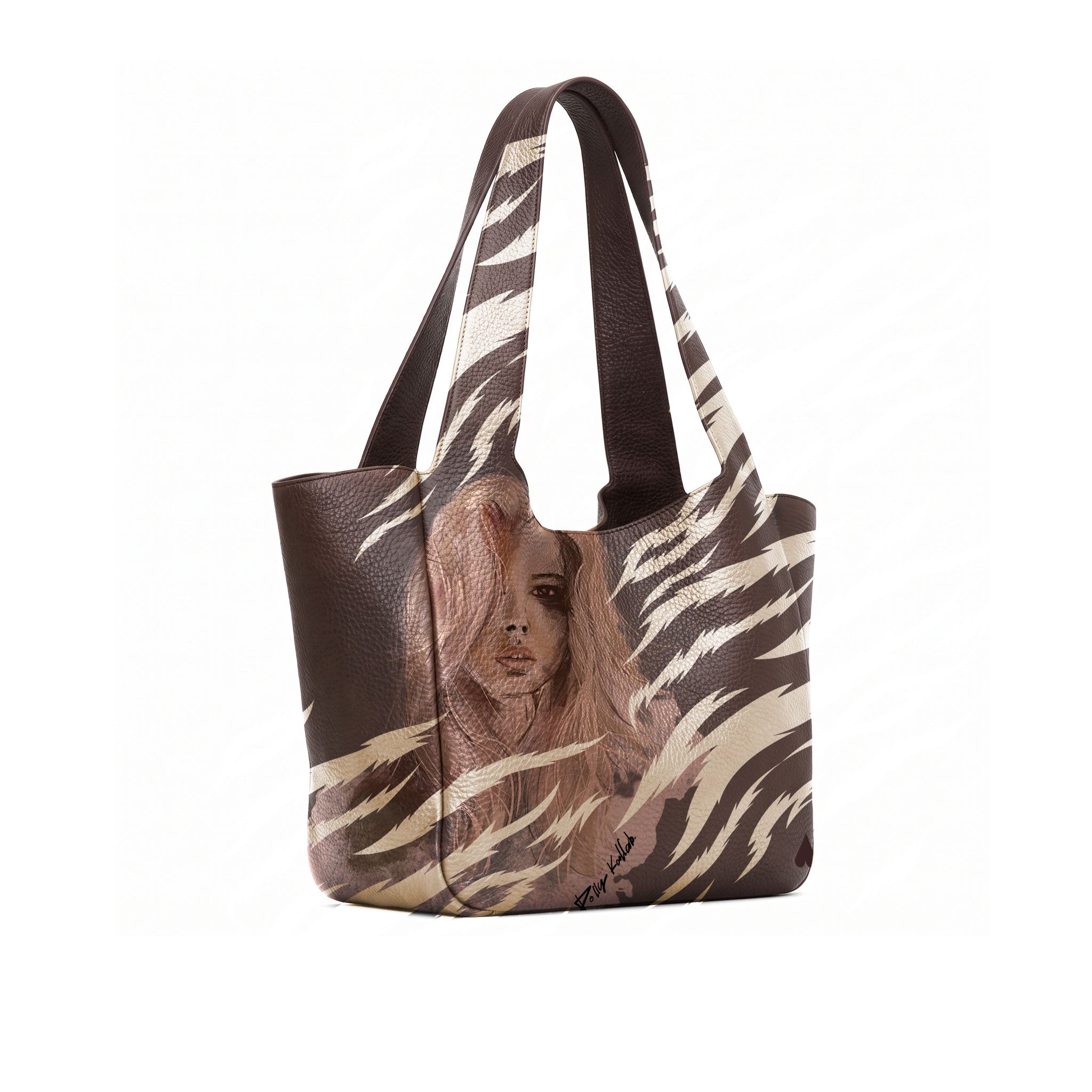 A brown full grained and gold zebra-print tote bag featuring a printed portrait of a woman on the front, set against a plain white background.