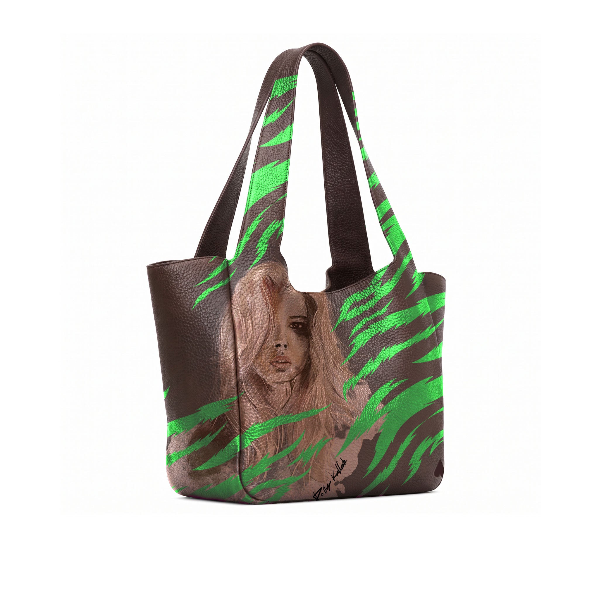 A brown full grained leather tote bag featuring a green zebra-stripe pattern and a printed portrait of a woman on the front, set against a plain white background.