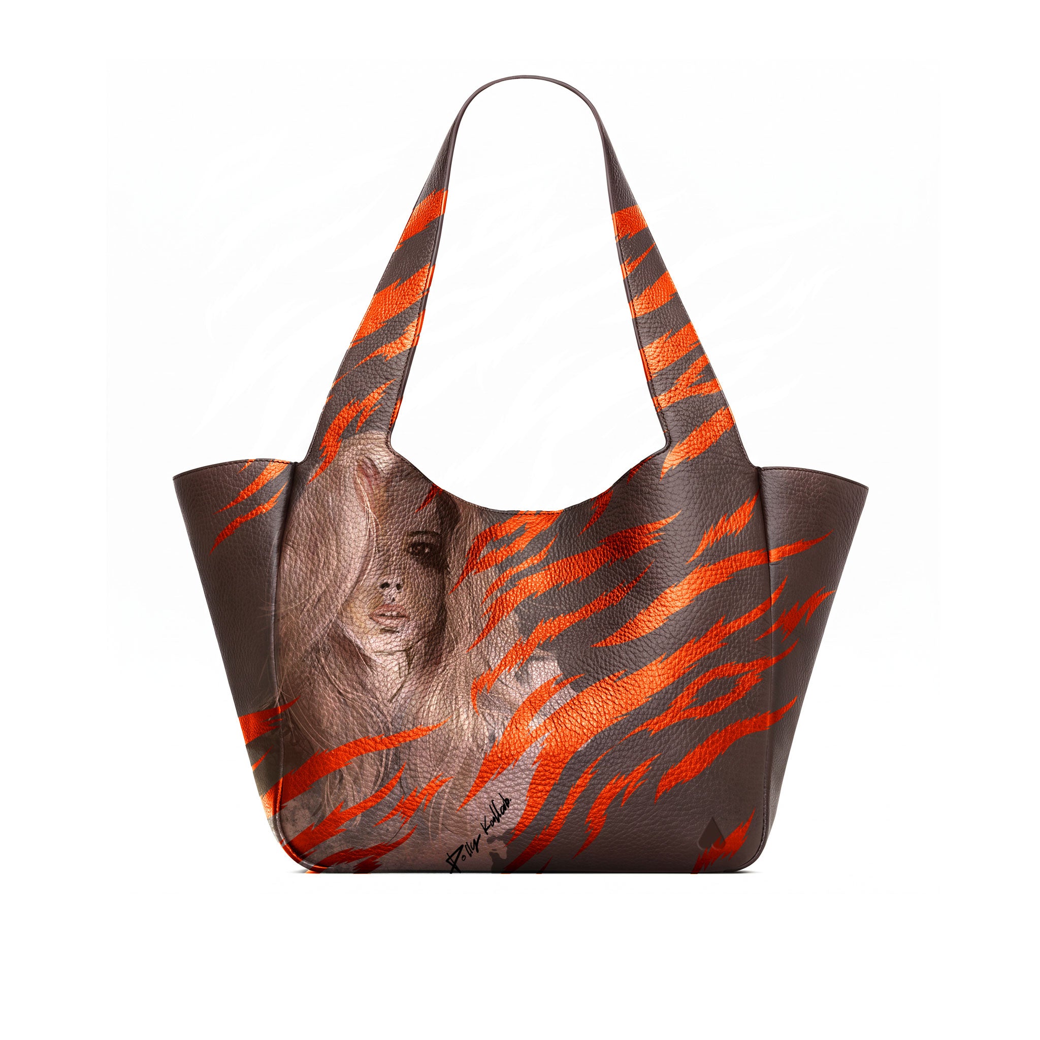 A brown leather shoulder bag featuring a vibrant orange tiger-stripe pattern and a realistic portrait of a woman printed on the front, set against a plain white background.