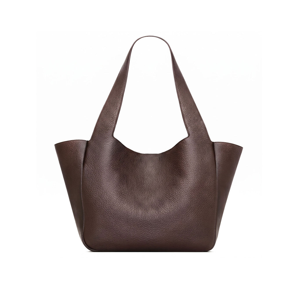 A brown tote bag shown against a plain white background. 