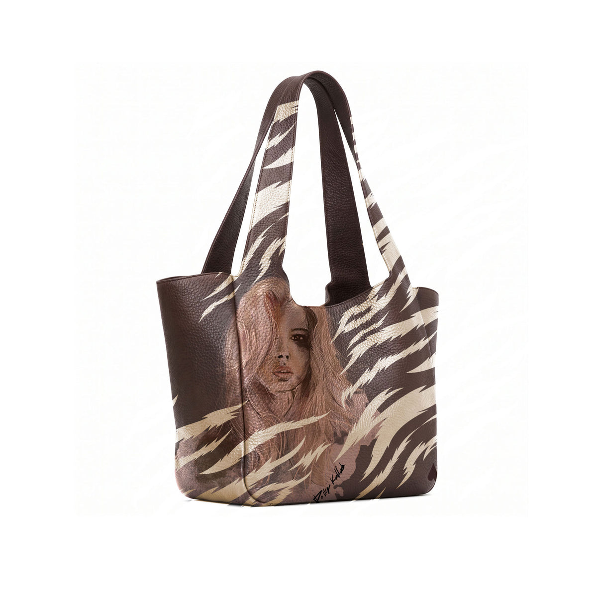 A dark brown leather tote bag with a printed illustration of a woman with long hair on the lower front panel, shown open against a white background.