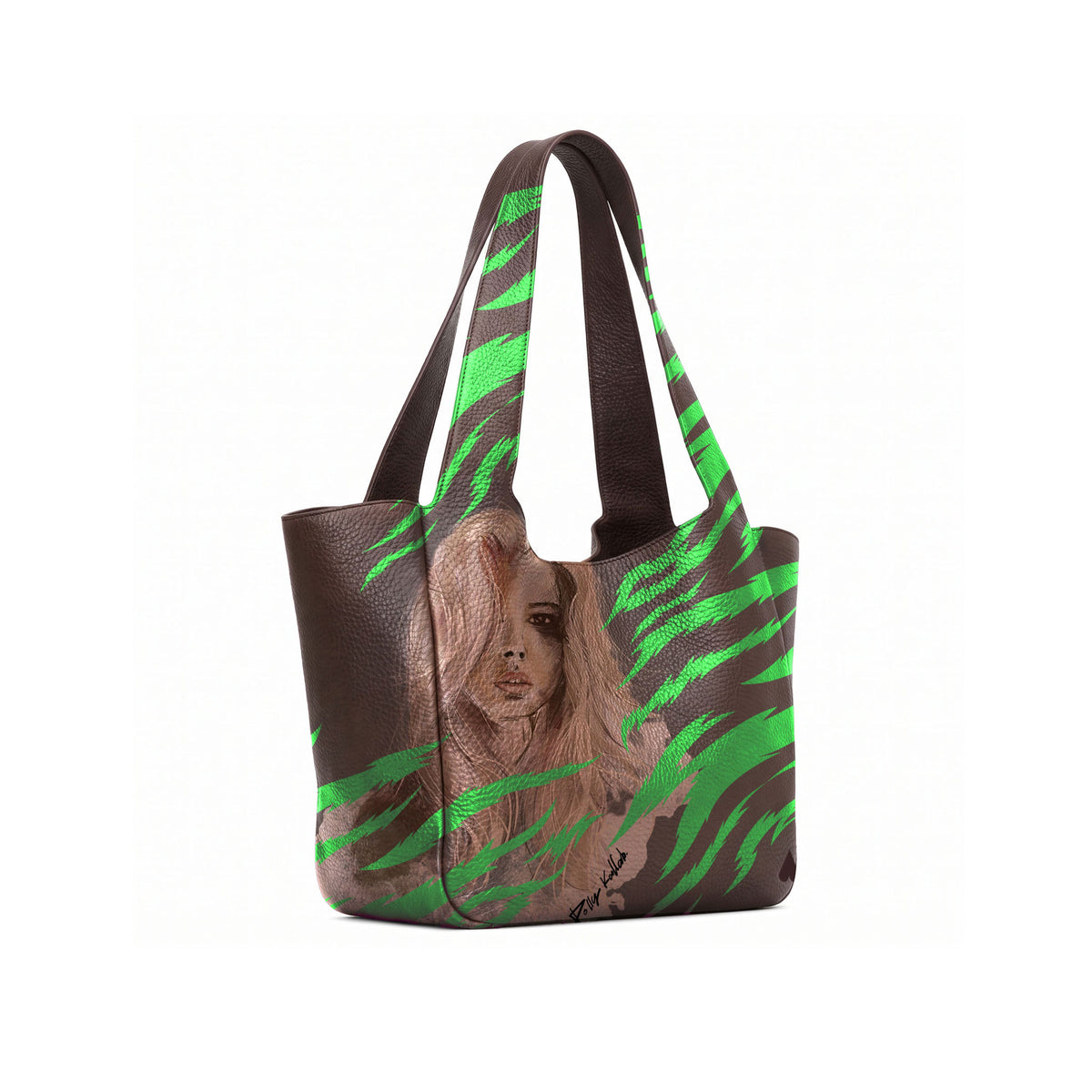 A dark brown leather tote bag with a printed illustration of a woman with long brown hair and green tiger print on the lower front panel, shown open against a white background.