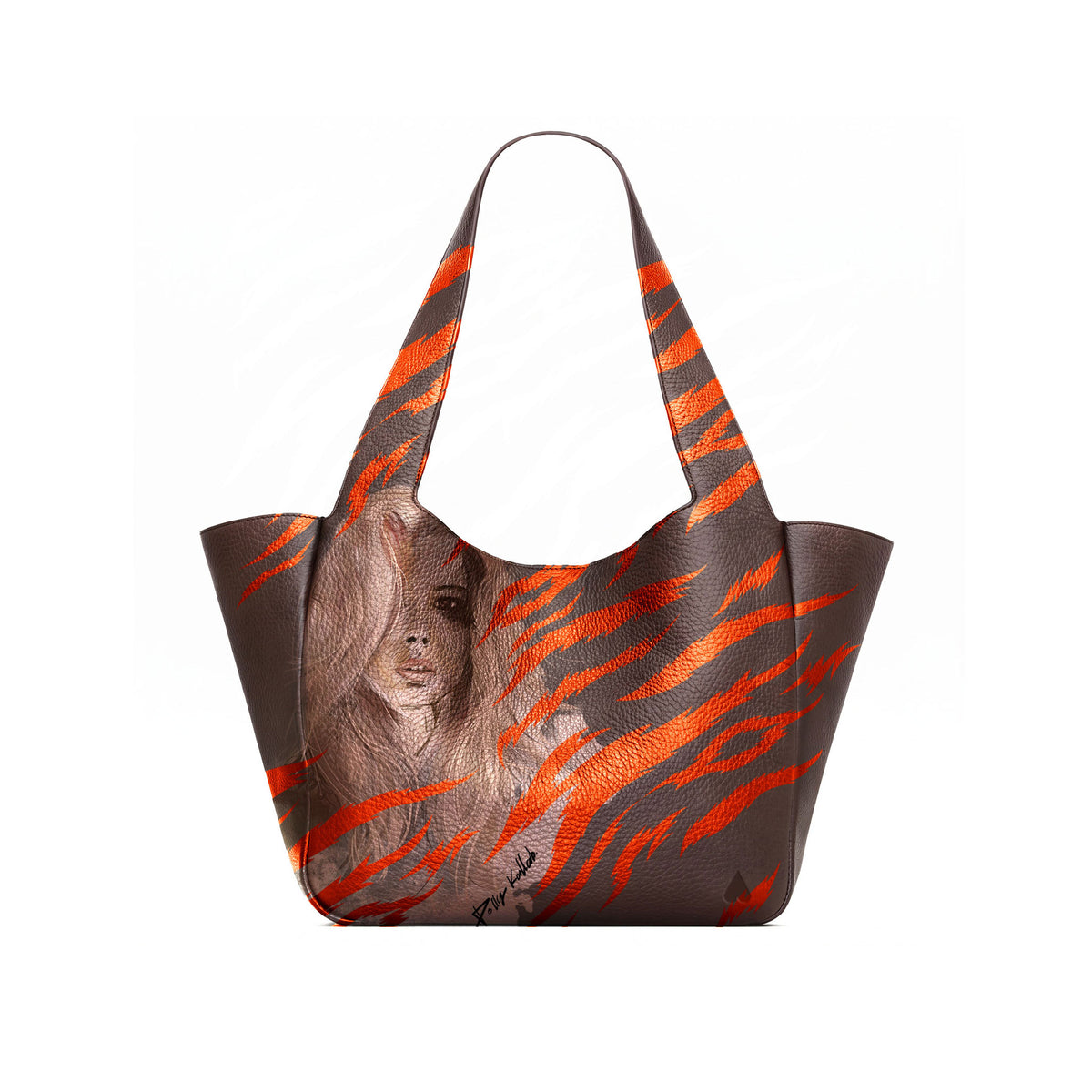 A brown tote bag with a orange zebra-stripe pattern and a printed portrait of a woman with long light brown hair on the front, shown against a plain white background. 