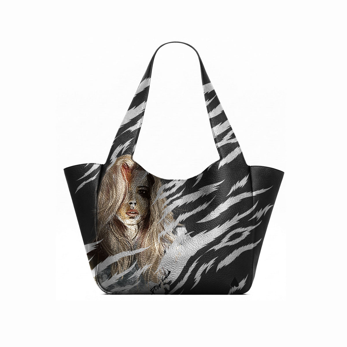 A black tote bag with a silver zebra-stripe pattern and a printed portrait of a woman with long light brown hair on the front, shown against a plain white background. 