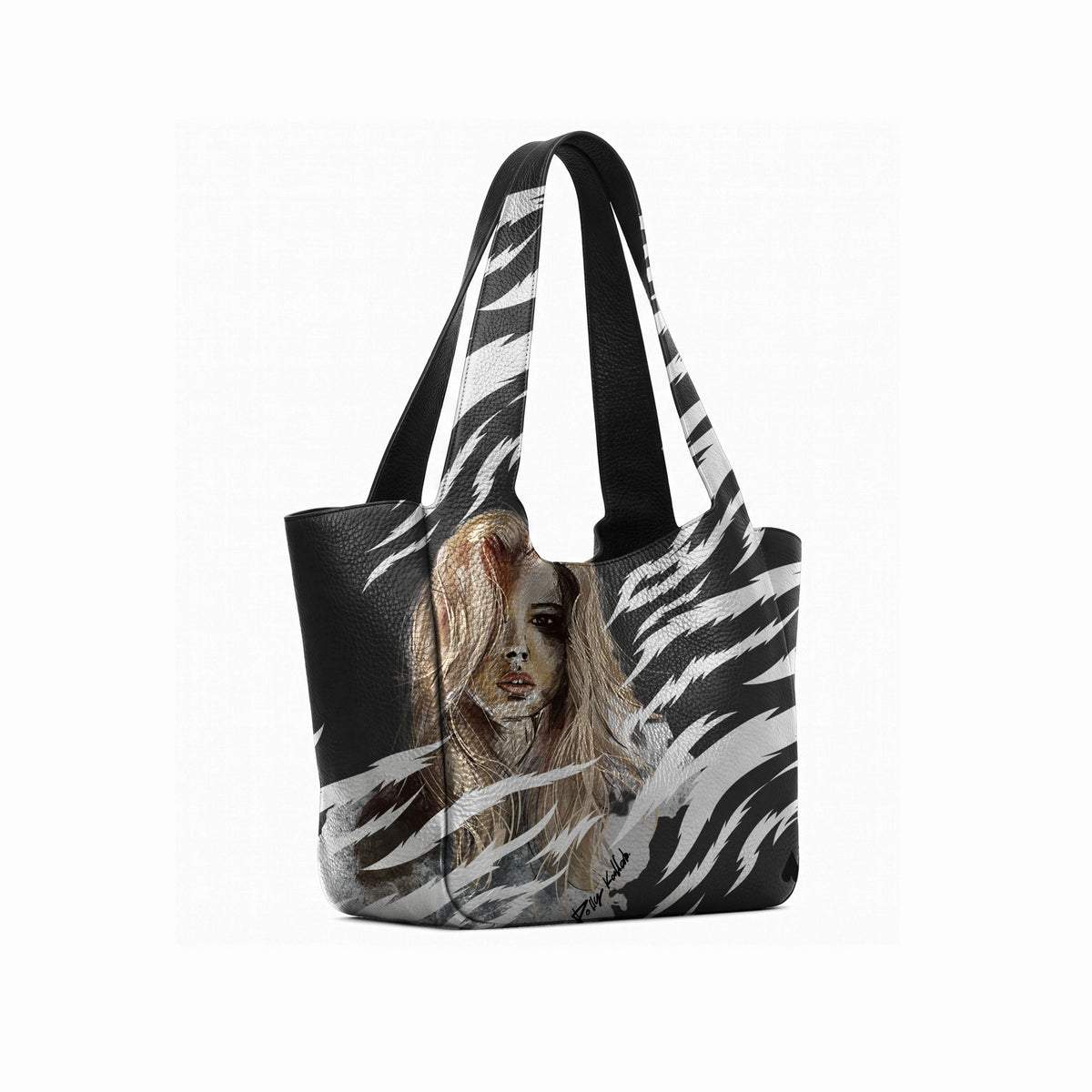 A black tote bag with a silver zebra-stripe pattern and a printed portrait of a woman with long light brown hair on the front, shown against a plain white background. 